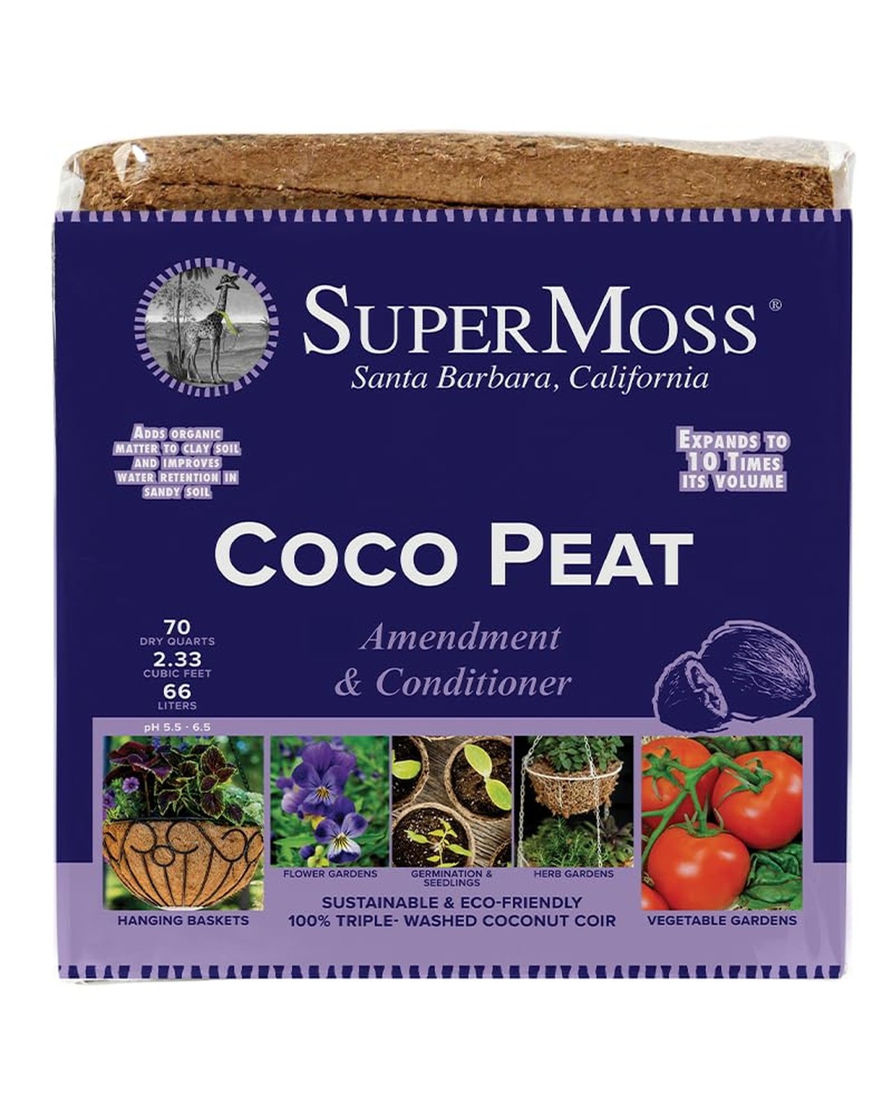SuperMoss (23274) Coco Peat Soil, Small Bale (2.33 ft3) Natural Brown