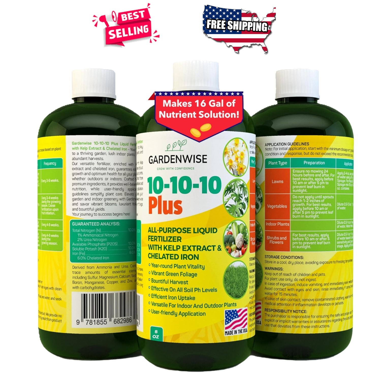 10-10-10 Liquid Plant Fertilizer 8oz All Purpose with Seaweed for Indoor Outdoor