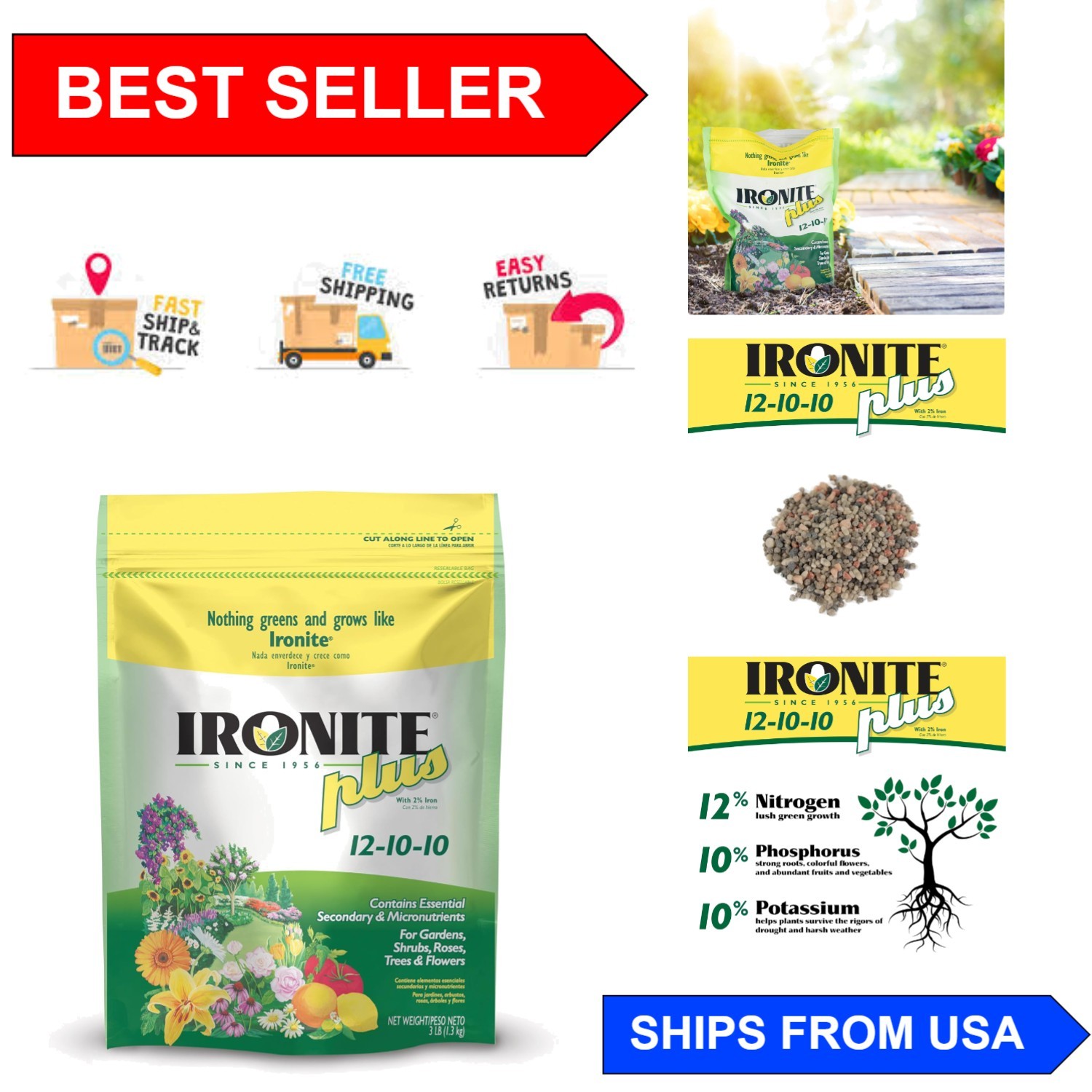 Ironite Plus Granular Plant Food 12-10-10 for Lush Shrubs & Flower Gardens (3lb)
