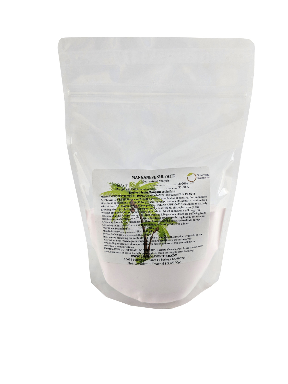 Manganese Sulfate Powder 31% Manganese 100% Water Soluble Feed Grade 1 Pound