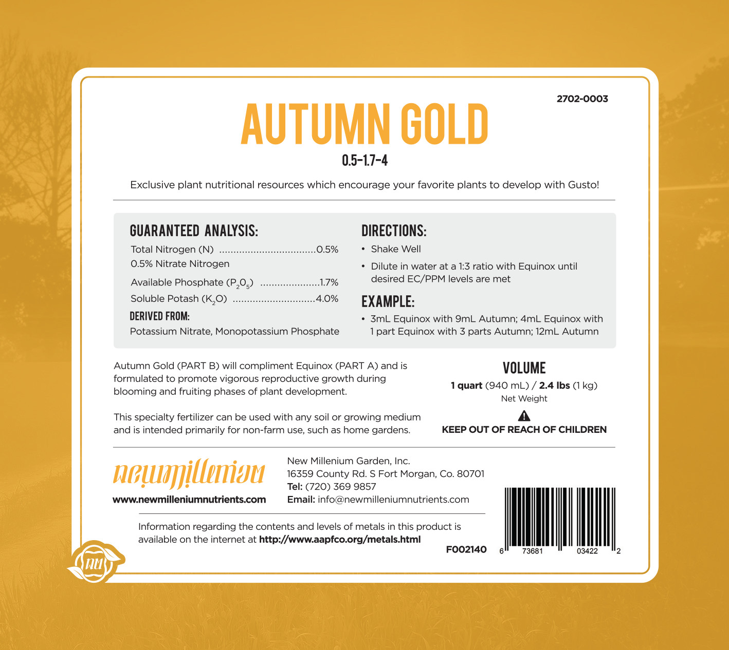Autumn Gold Specialty Fertilizer 128 fl oz Jug by New Millenium