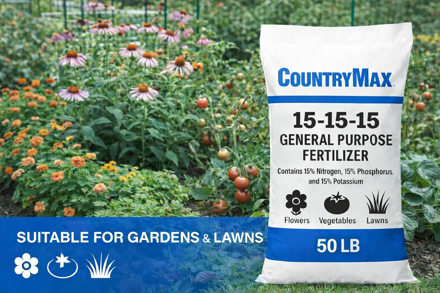 15-15-15 All Purpose Fertilizer, 50 Lb Bag, Balanced Nutrition for Flowers & Veg