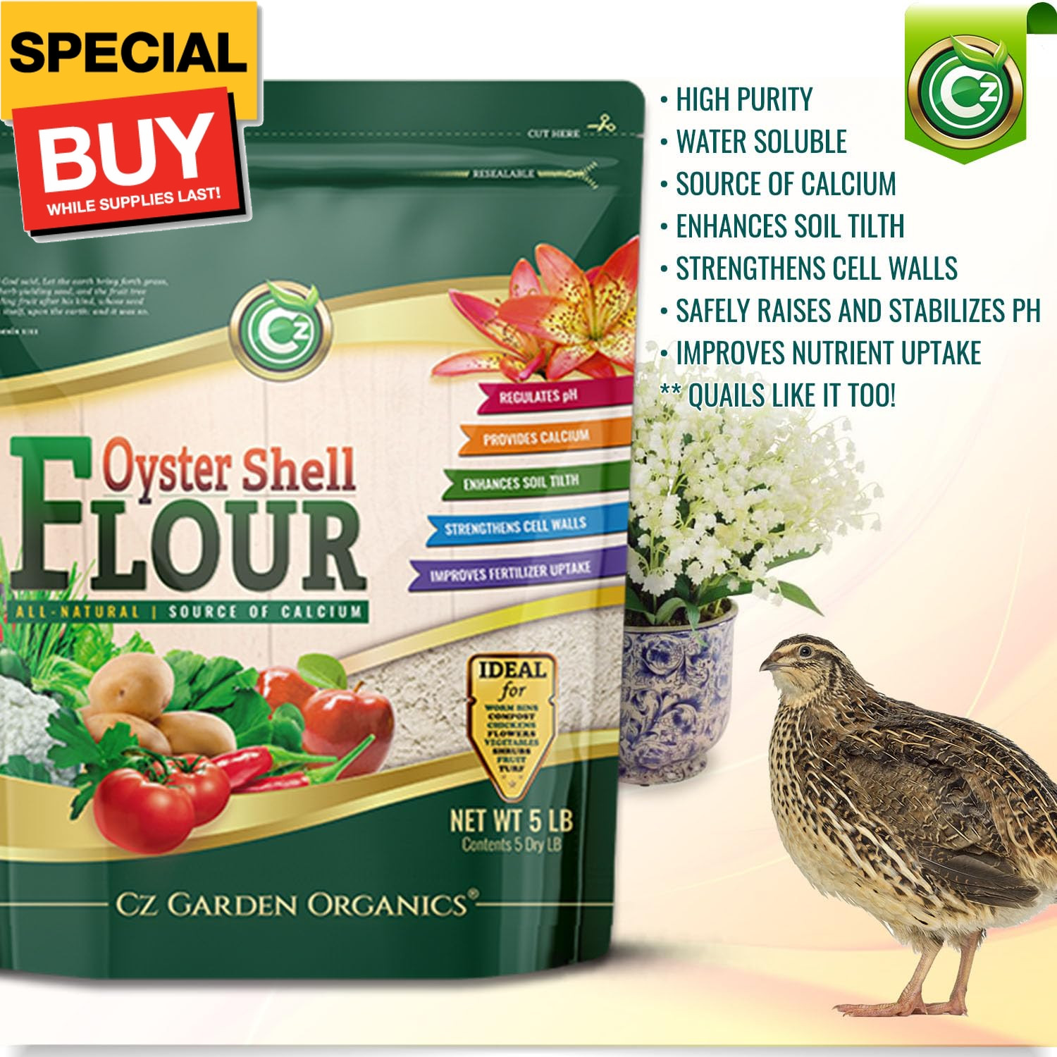 Oyster Shell Flour 5LB – Made in USA Soil Amendment Fertilizer for Indoor/Outdoo