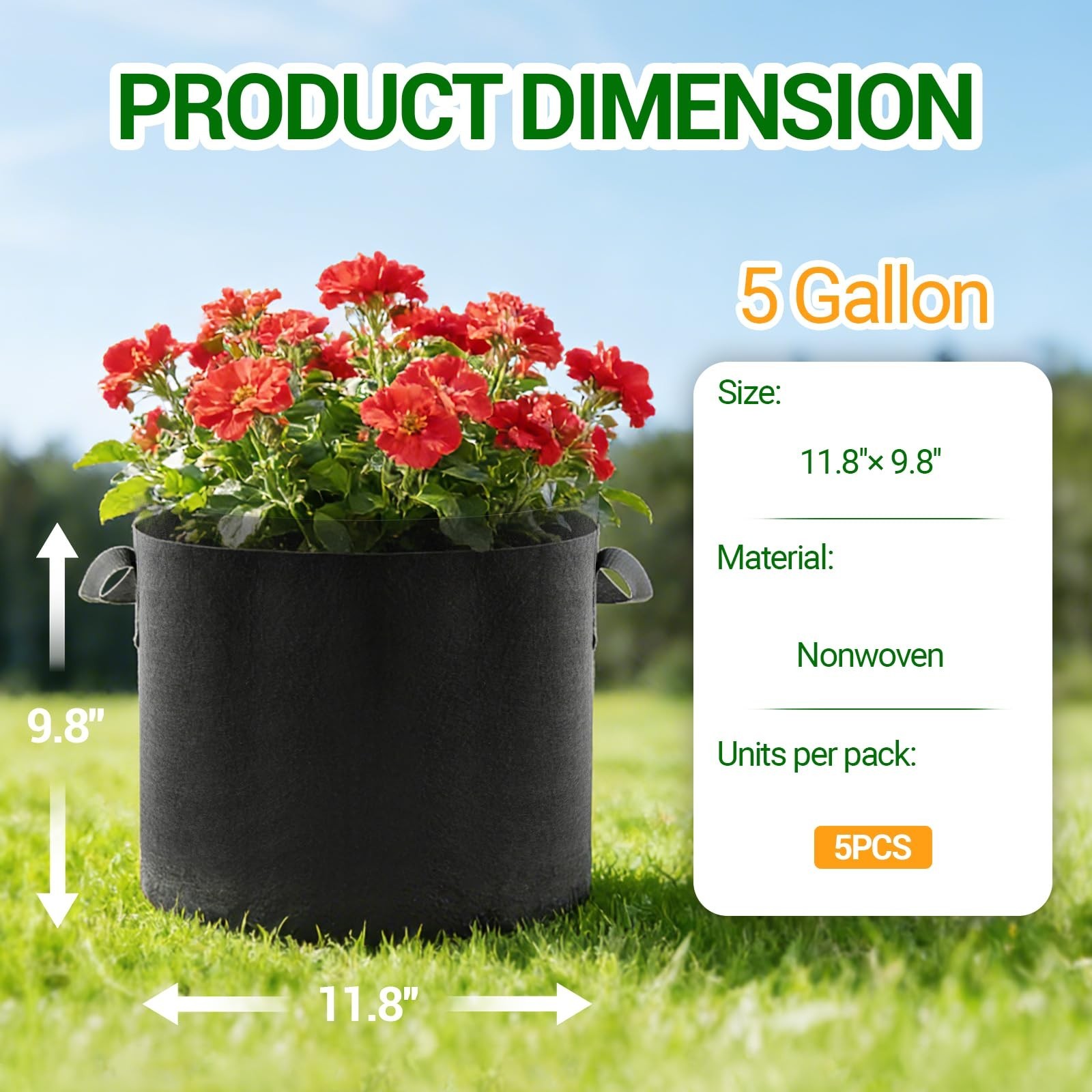 5-Pack 5 Gallon Grow Bags, Thickened Aeration Fabric Pots | Heavy Duty Plant …