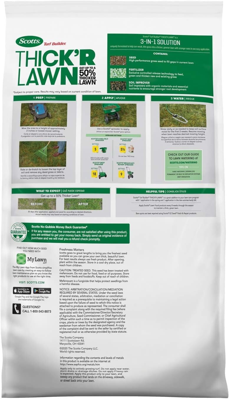 Turf Builder THICK’R LAWN 3-in-1 Grass Seed, Fertilizer & Soil Improver, 40 lbs