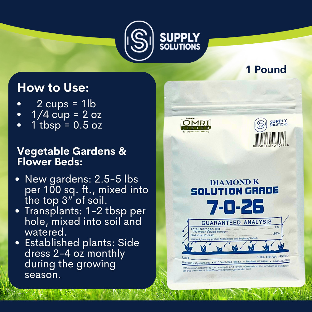 7-0-26 Organic Fertilizer Derived from Soy Protein Hydrolysate & Potash – 1 Lb
