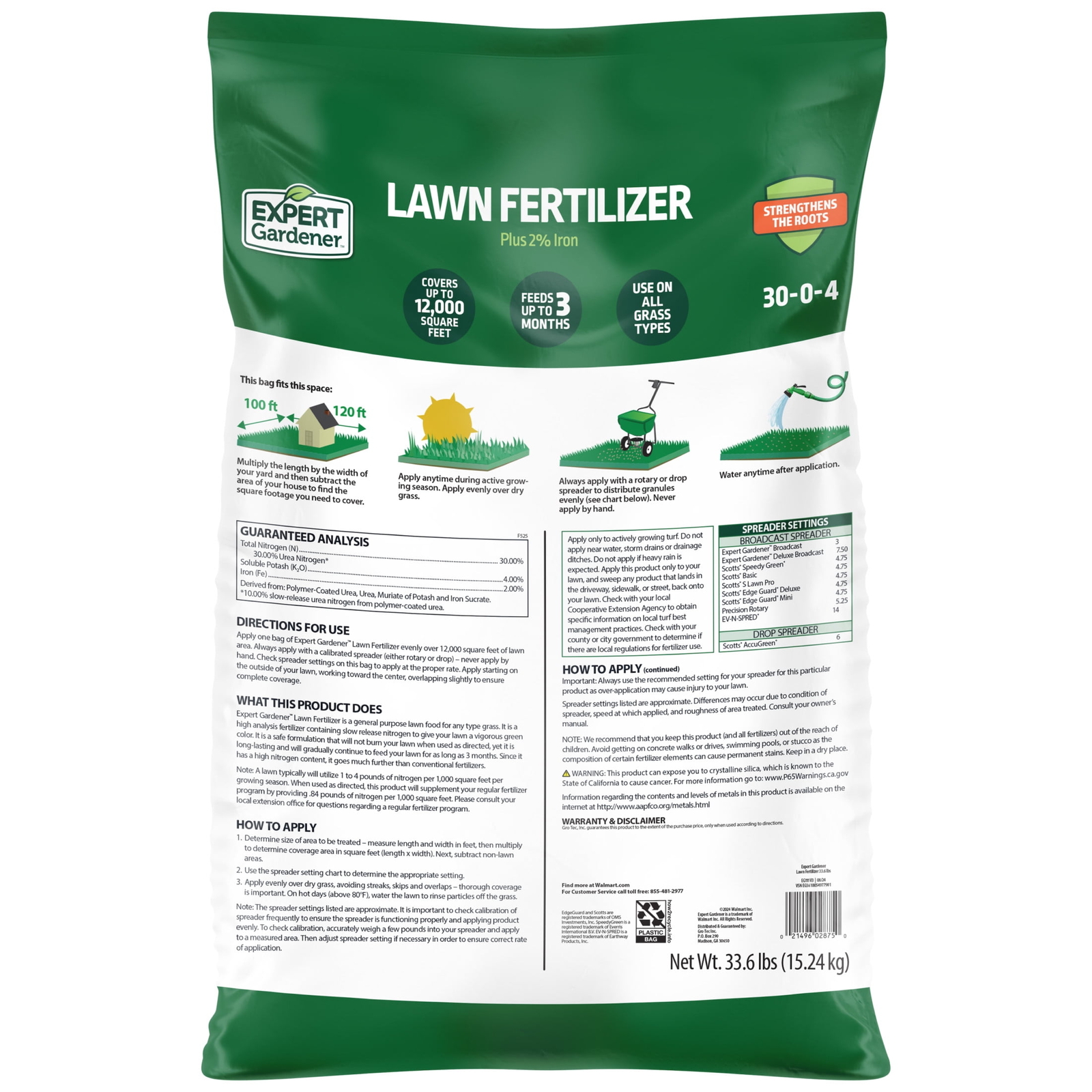 Lawn Food Fertilizer 30-0-4, Plus 2% Iron, 33.6 lb., Covers 12,000 Sq. ft.