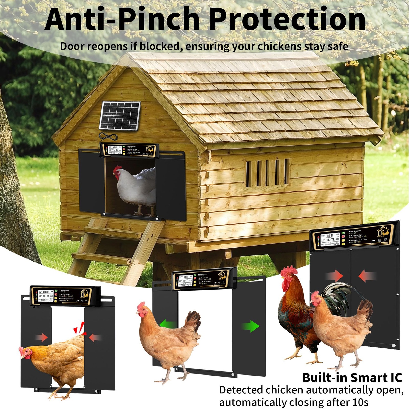 Saegypet Large Automatic Chicken Coop Door Solar Powered Charge 7W Solar Panel