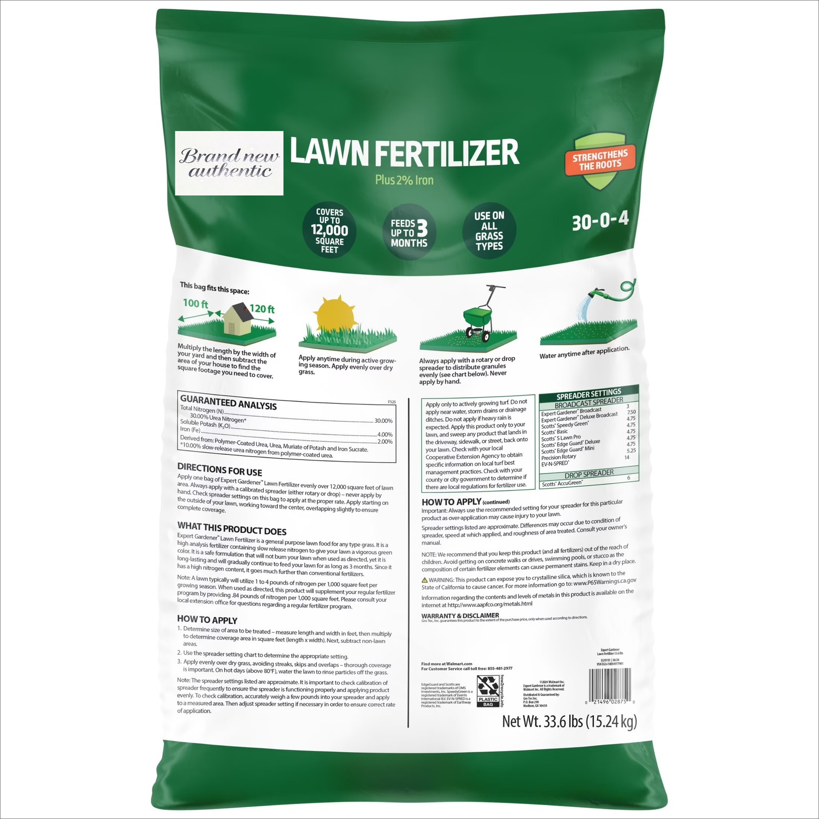 Lawn Food Fertilizer 30-0-4, Plus 2% Iron, 33.6 lb., Covers 12,000 Sq. ft.