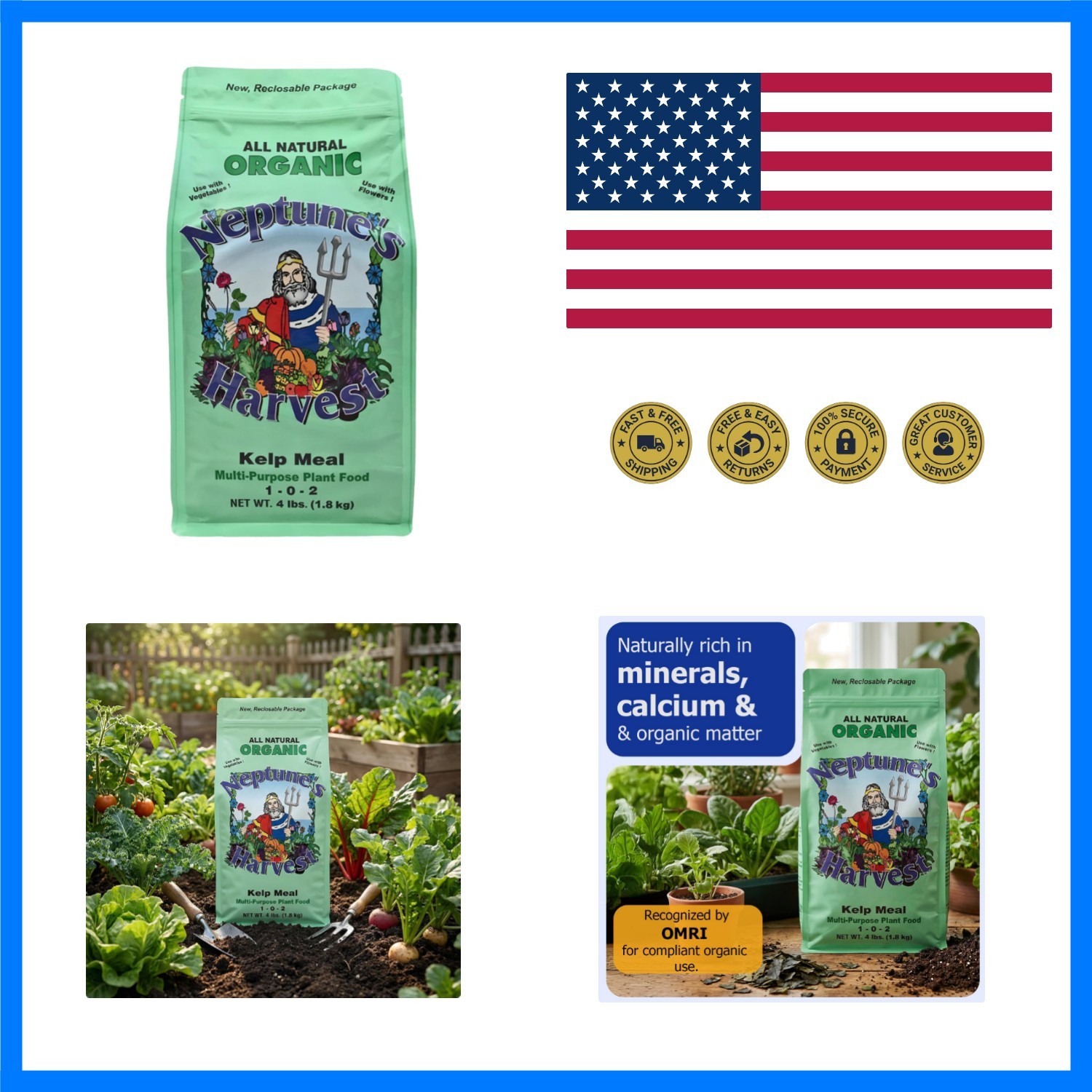 Neptune’s Harvest Organic Kelp Meal Plant Food 1-0-2 – 4 lb Resealable Bag – …