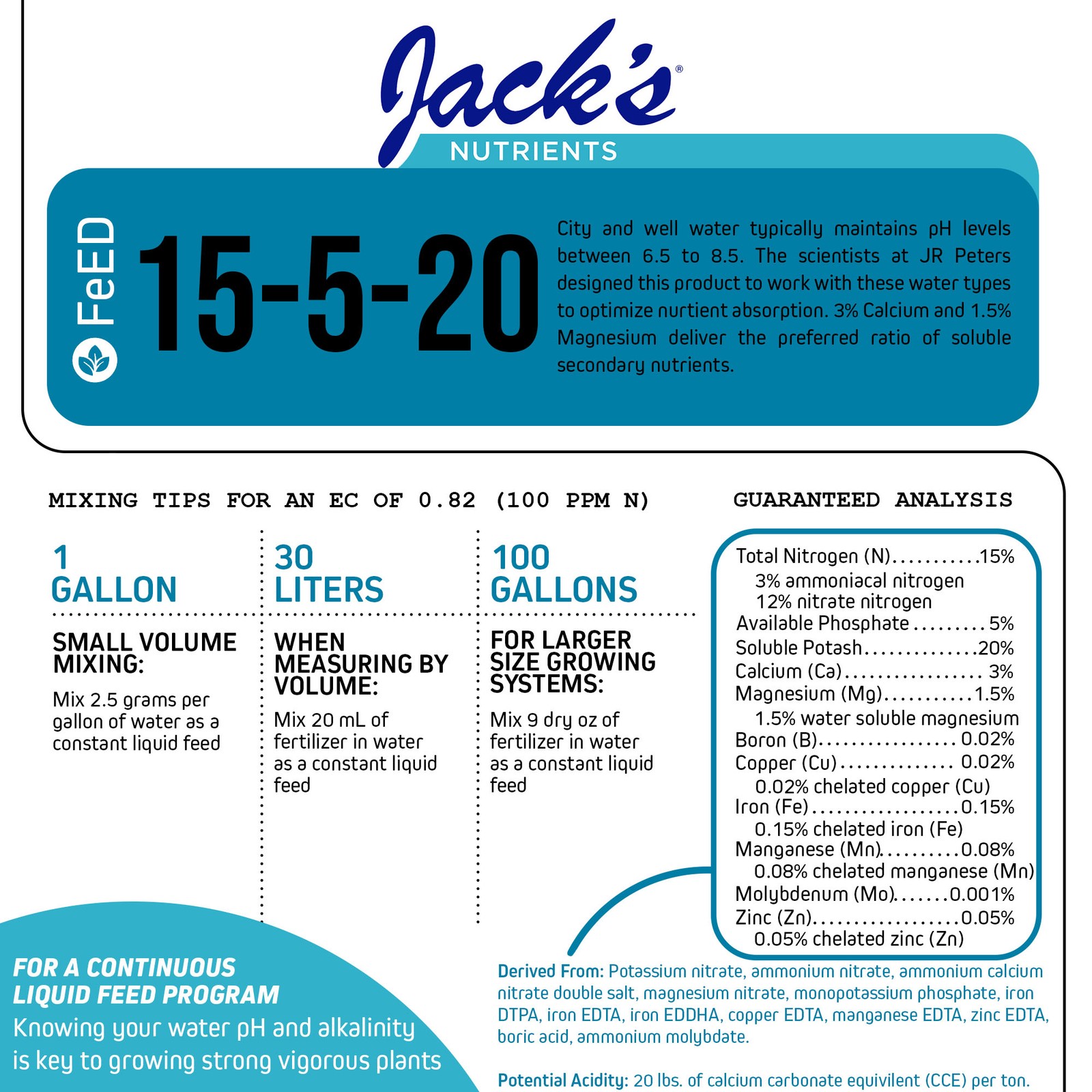 Jack’s Nutrients 15-5-20 Tap Water-Soluble Fertilizer, 25lbs – Lowers Water pH