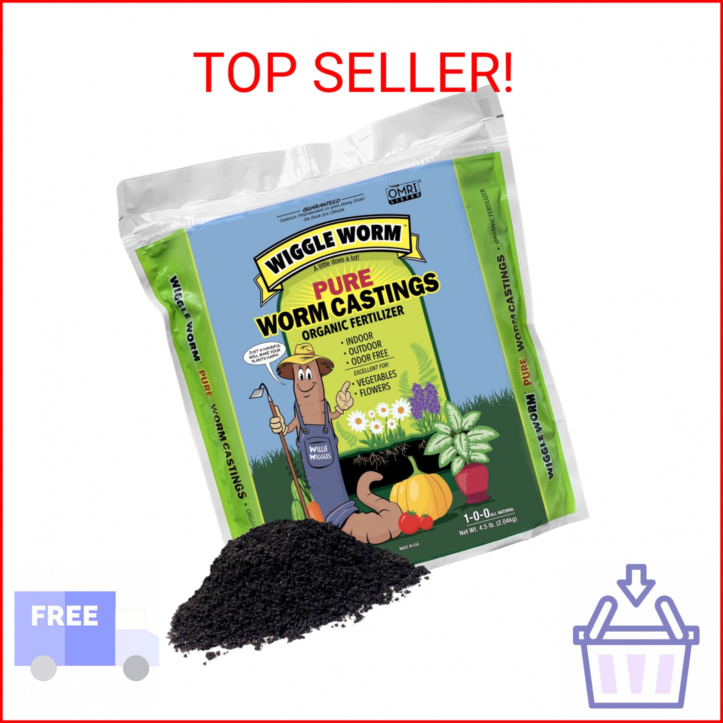 Wiggle Worm 100% Pure Organic Mineral-Dense Worm Castings Fertilizer in Resealab