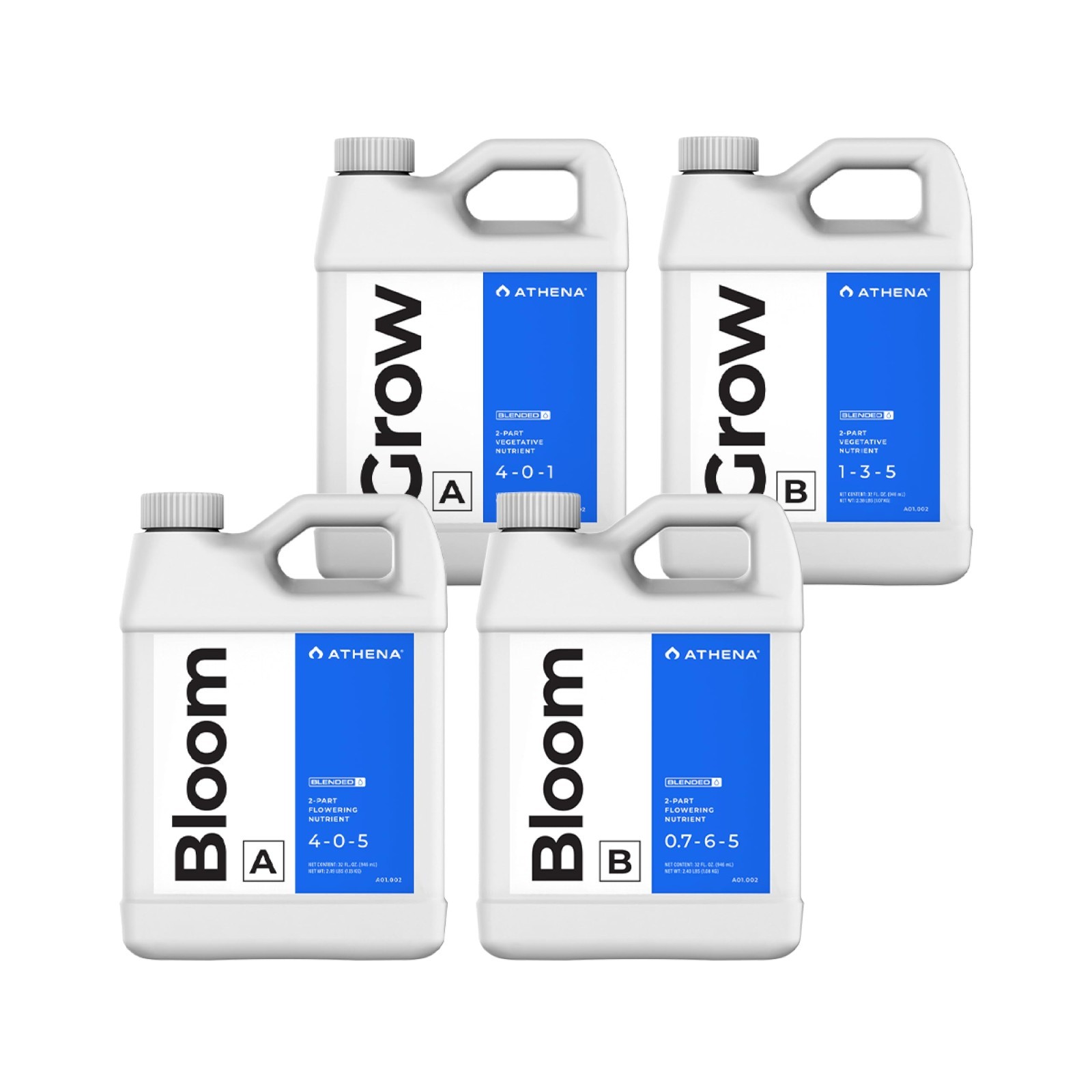 Hydroponic Fertilizer Set 32 oz – 4 Part Liquid Nutrients for Veg & Bloom, Solub
