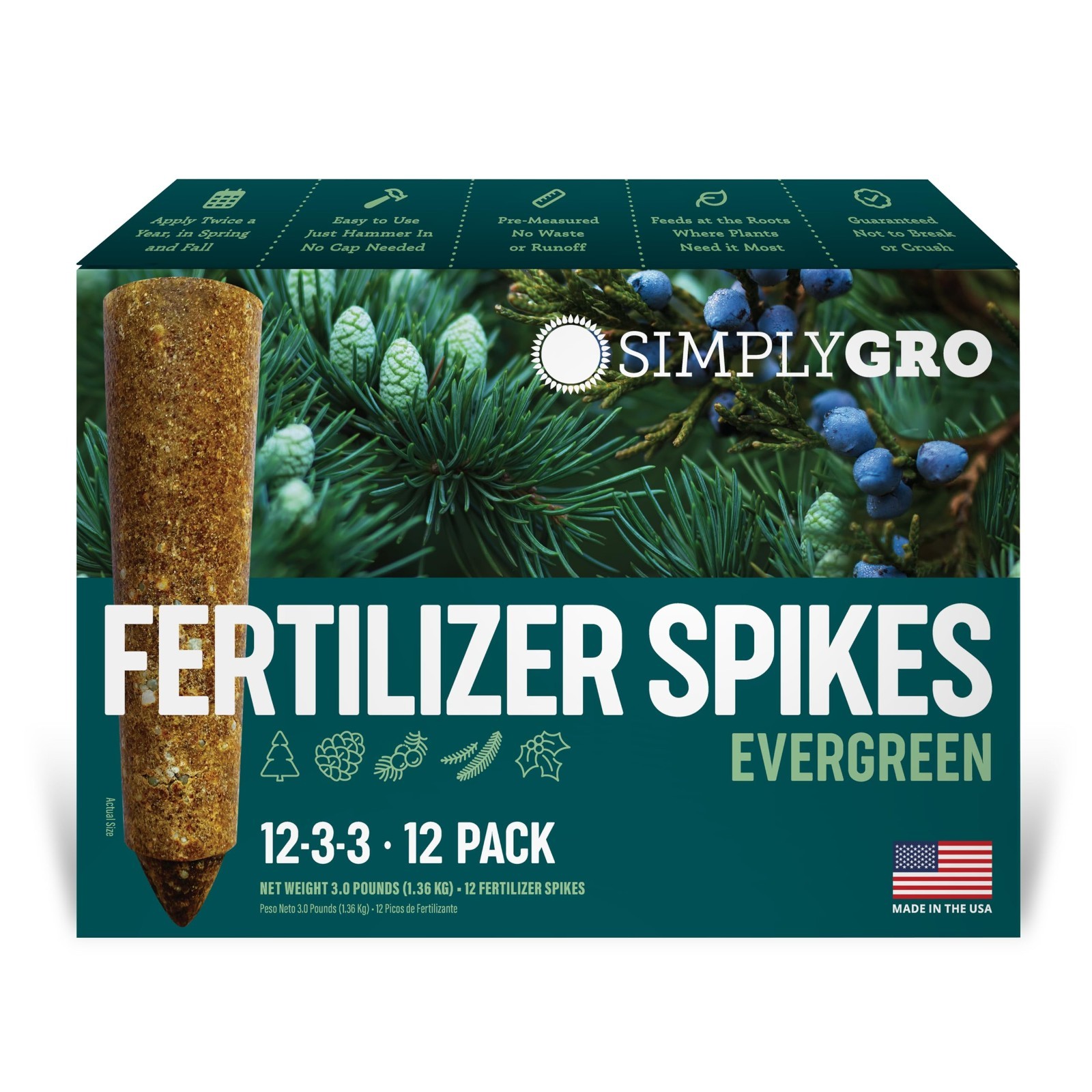 Evergreen Tree & Shrub Fertilizer Spikes – 12 Count, 3.0 Lbs, Nutrient Boost