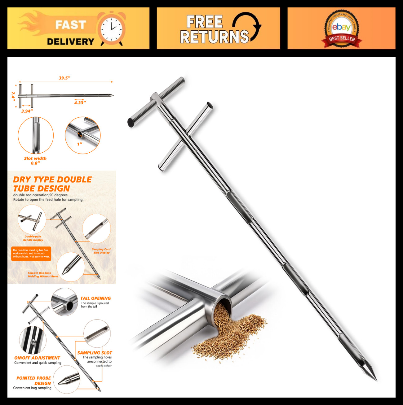 304 Stainless Steel Grain Probe Sampler – Double Tube, Rotary Slot, 39.5″ Portab
