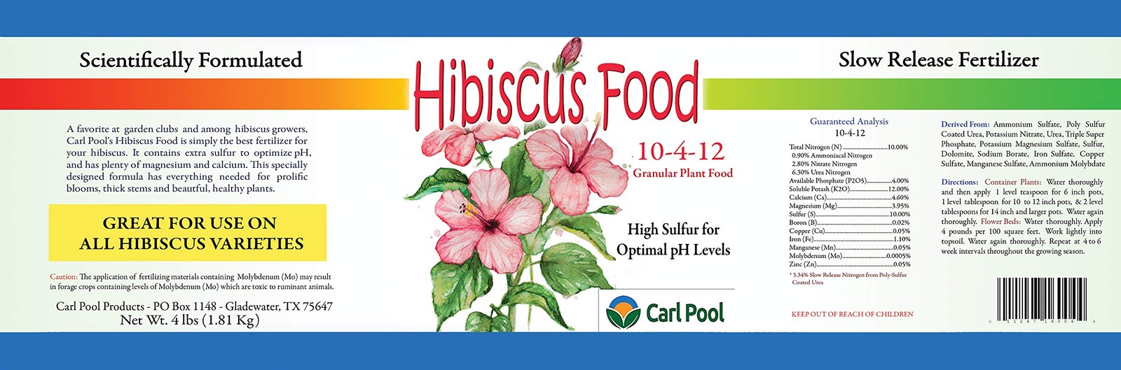 Hibiscus Plant Food — Granular 10-4-12 4 Lbs Carl Pool Fertilizers 18 cm