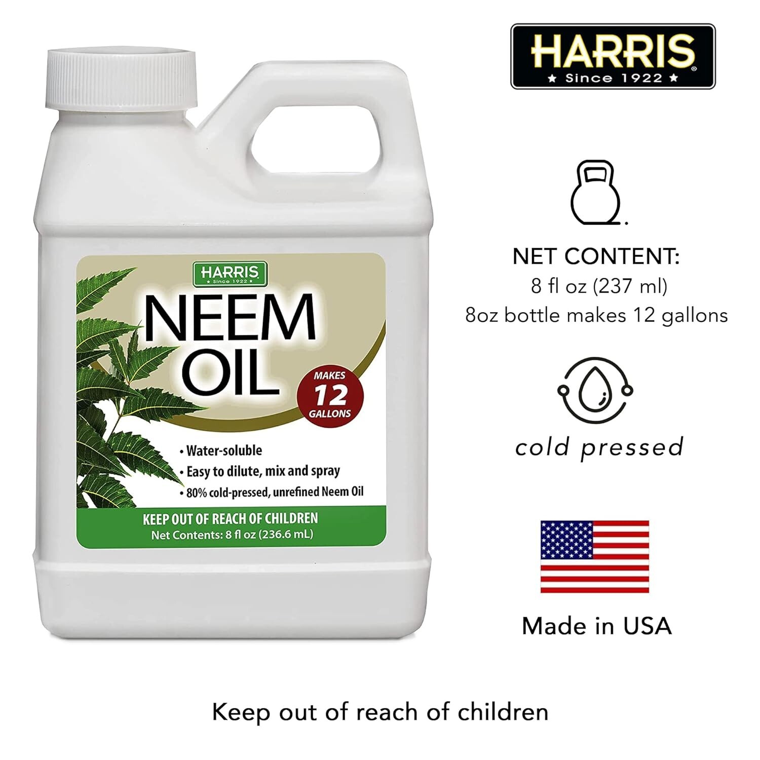 HARRIS Neem Oil Cold Pressed Water Soluble Concentrate, Makes 12 Gallons, 8Oz NE