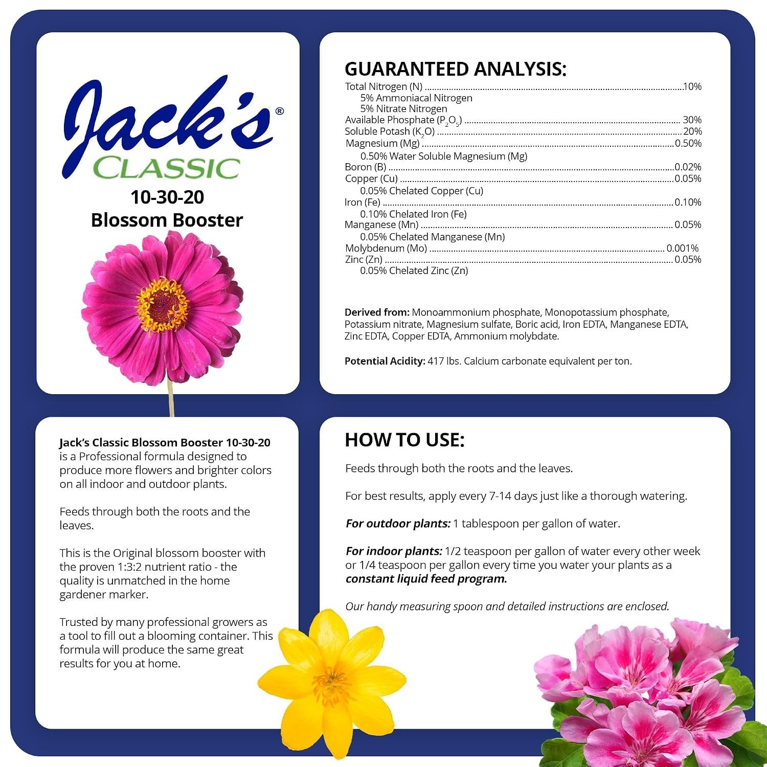 Jacks Classic Blossom Booster 10-30-20 Fertilizer 8 oz High Phosphorus Bloom