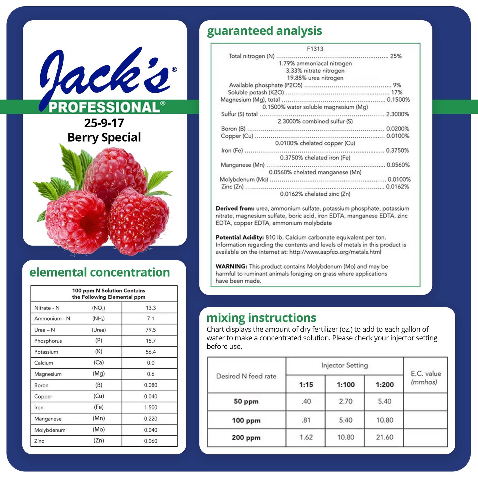 Jack’s Professional 25-9-17 Berry Special Water-Soluble Fertilizer, 25lbs