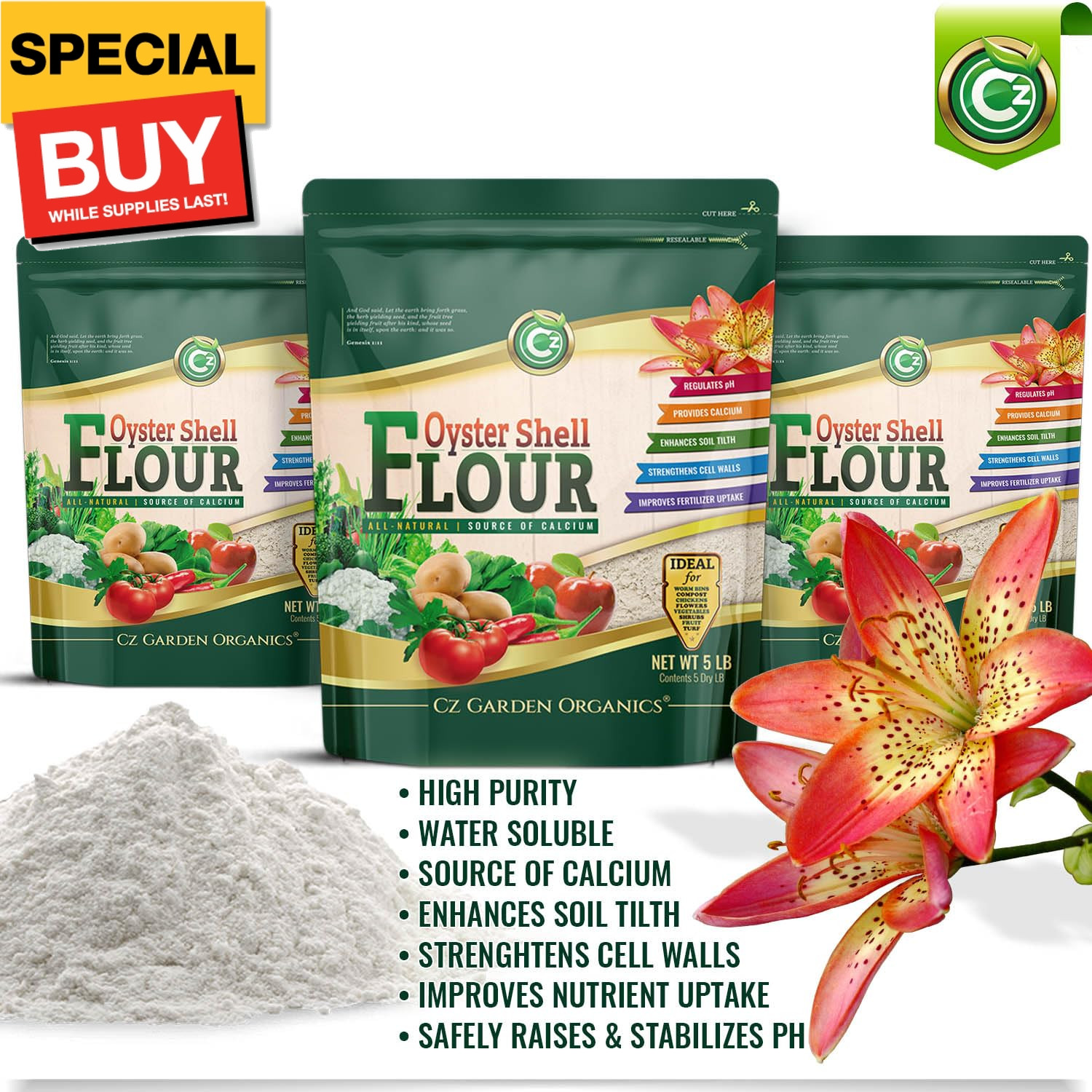 Oyster Shell Flour 5LB – Made in USA Soil Amendment Fertilizer for Indoor/Outdoo