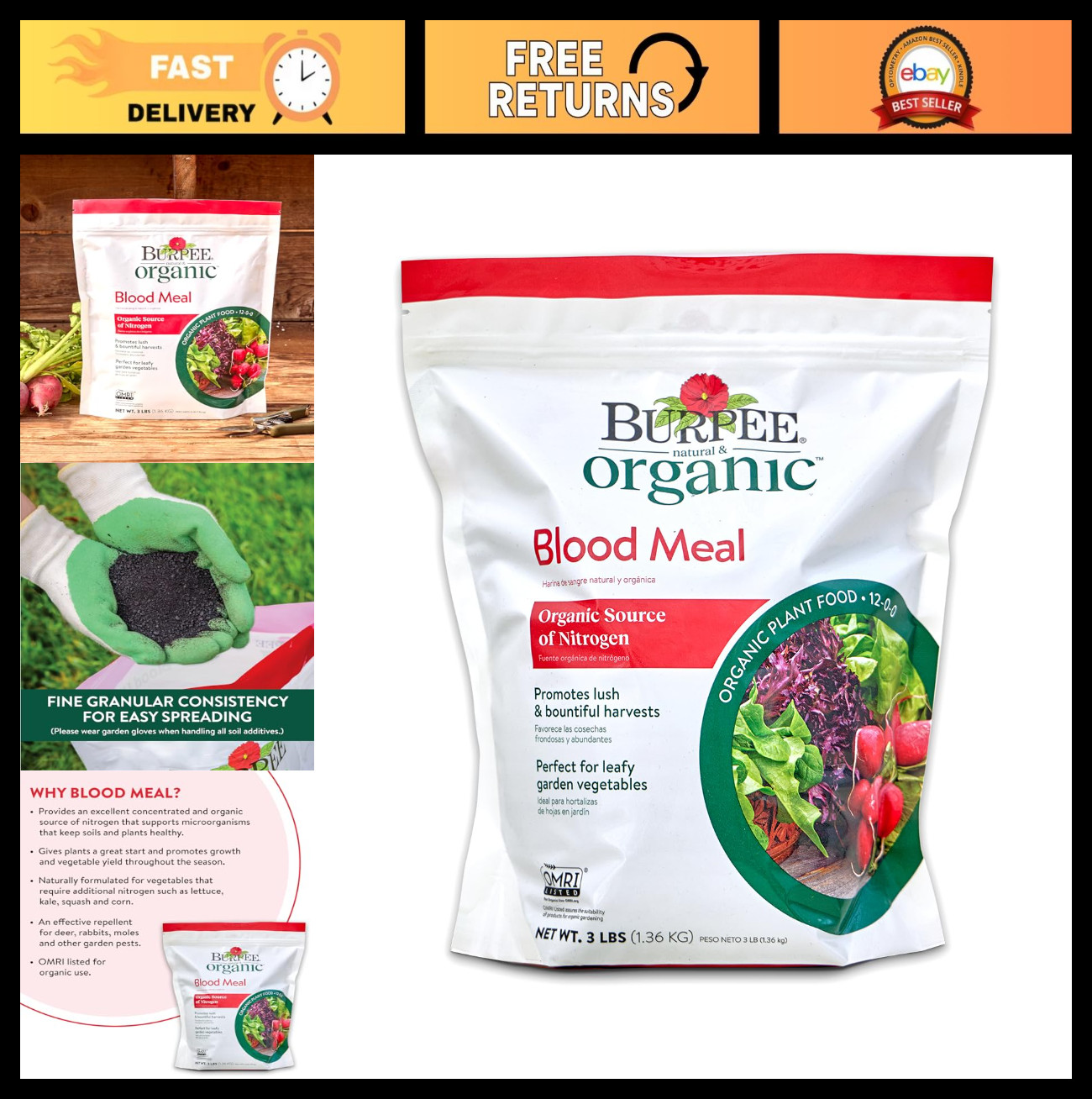 Organic Blood Meal Fertilizer 3 lb | Natural Nitrogen Boost for Tomatoes, Spinac