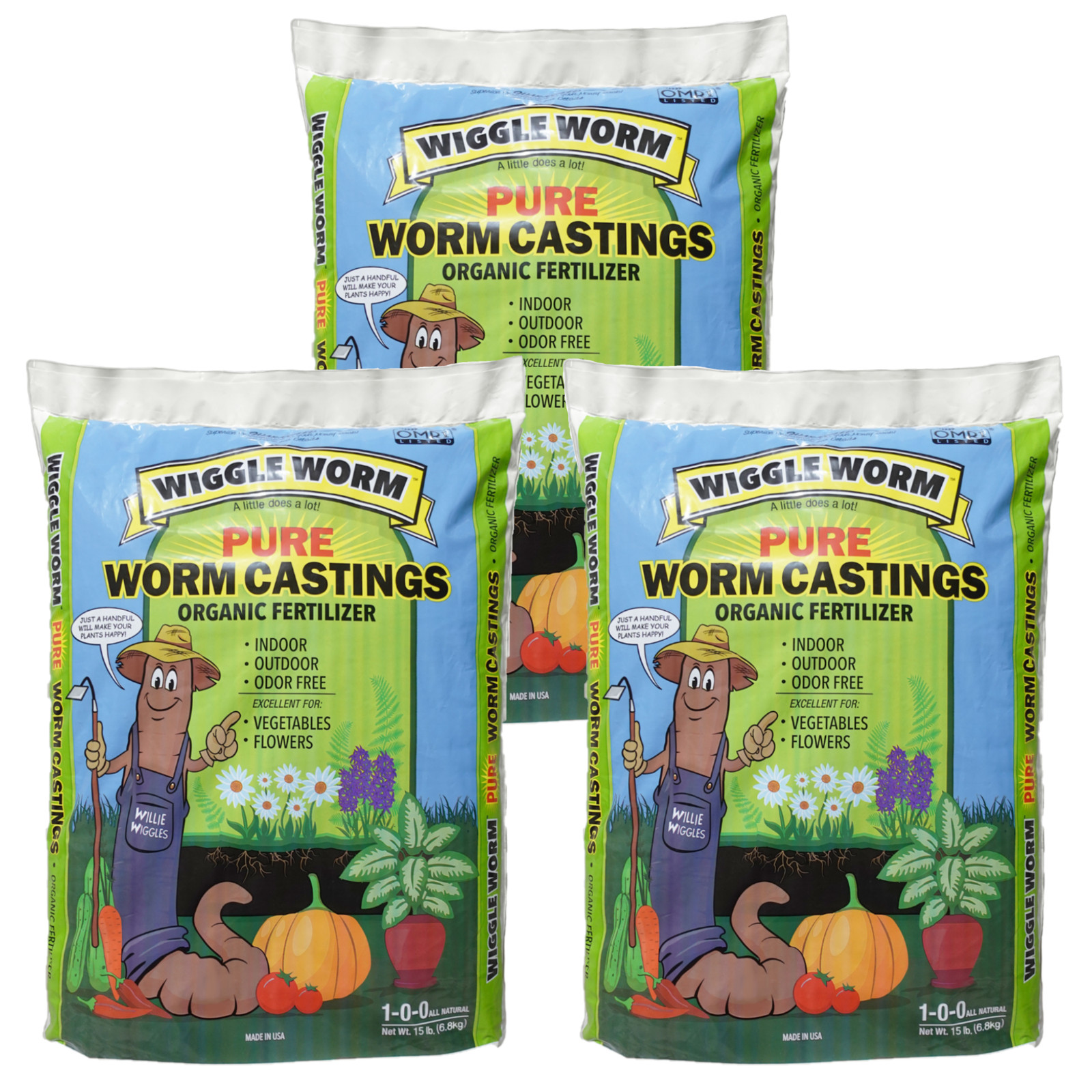 WIGGLE WORM Soil Builder Earthworm Castings Organic Fertilizer, 15 lb. (3 Pack)