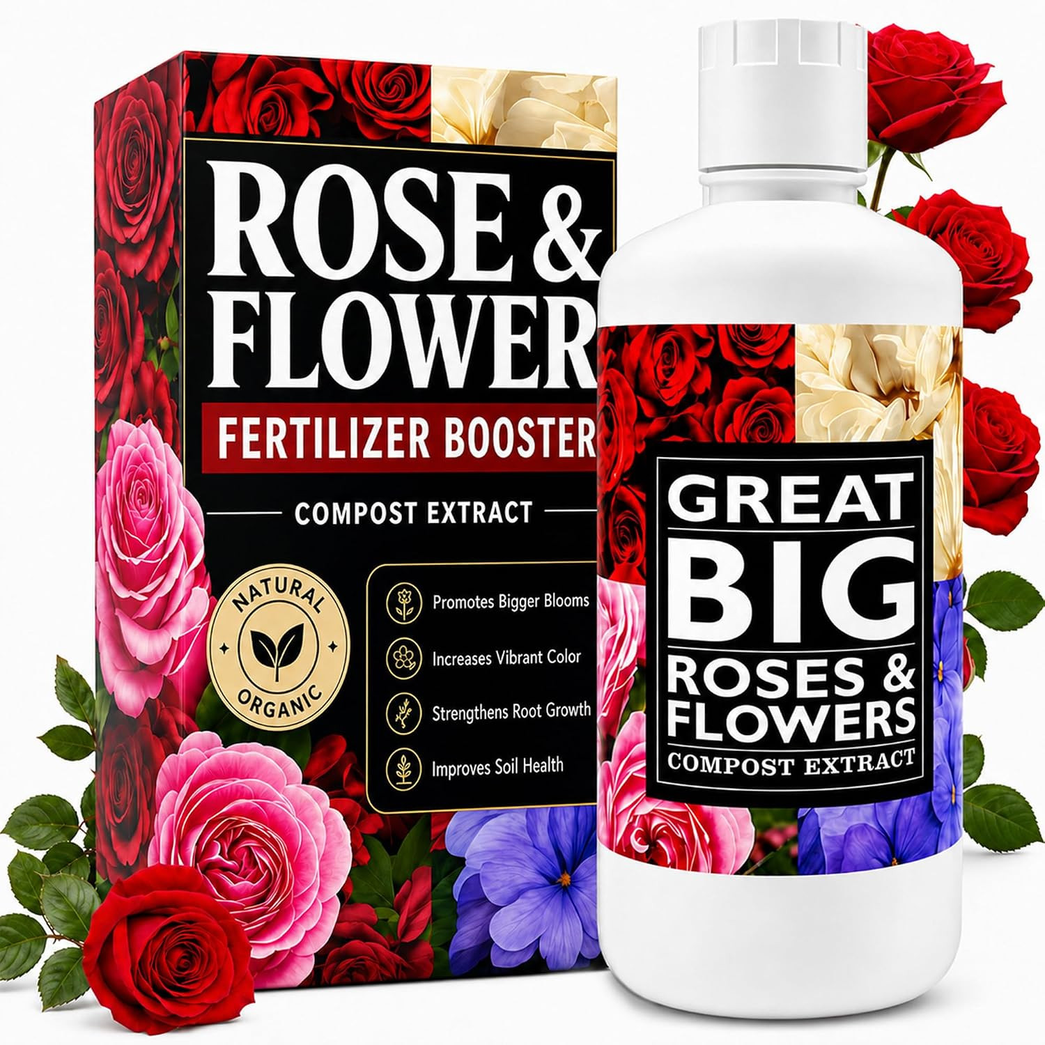 Great Big Roses and Flowers Liquid Fertilizer Booster – 70 Minerals, Compost Ext