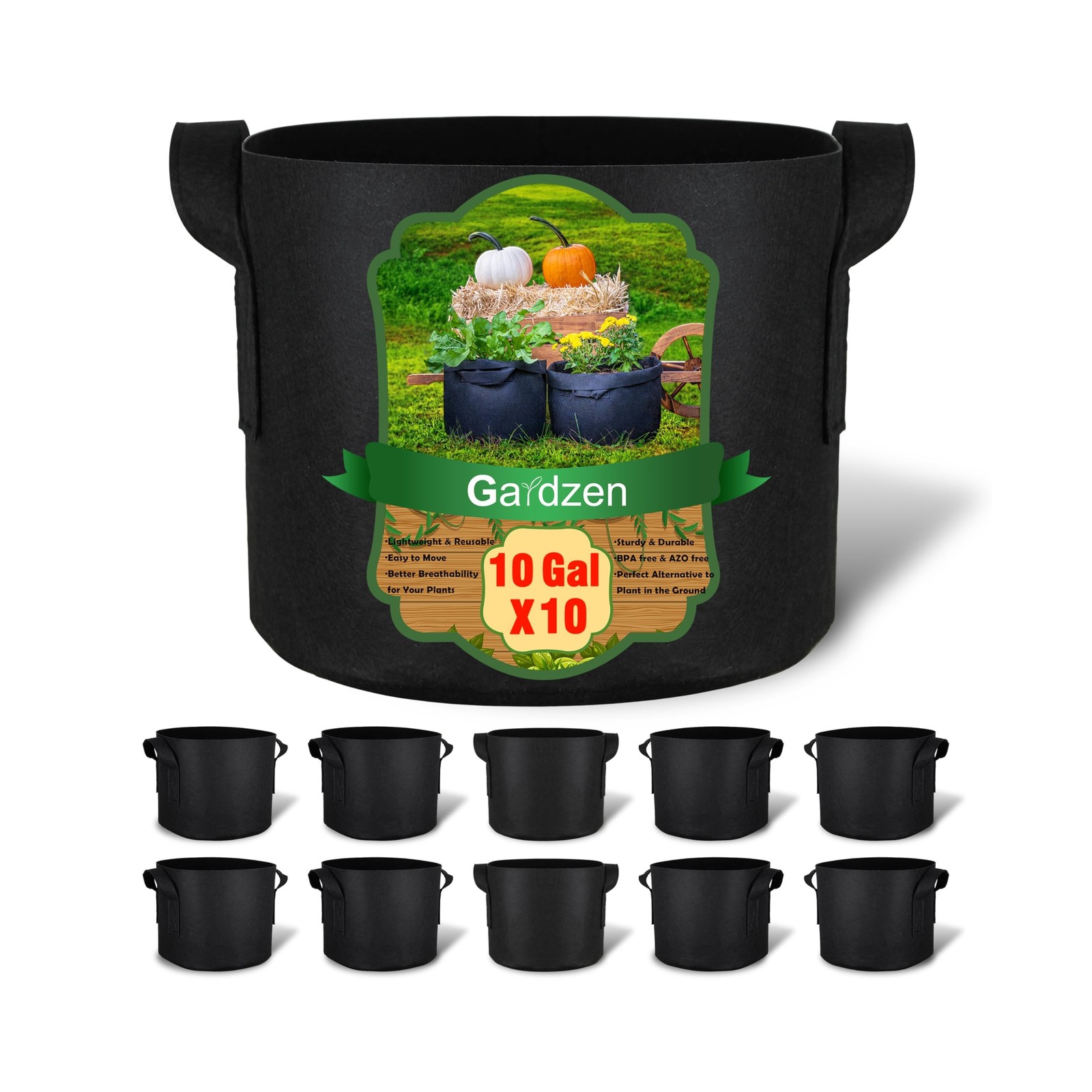 Gardzen 10-Pack 10 Gallon Grow Bags, 300G Thickened Aeration Fabric Pots with…