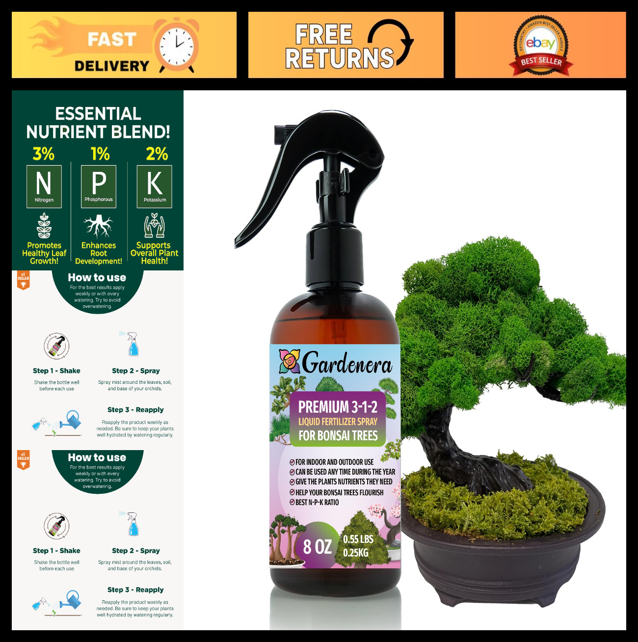 8oz Bonsai Spray Fertilizer Mist – 3-1-2 Nutrient Blend for Healthy Growth & Lea