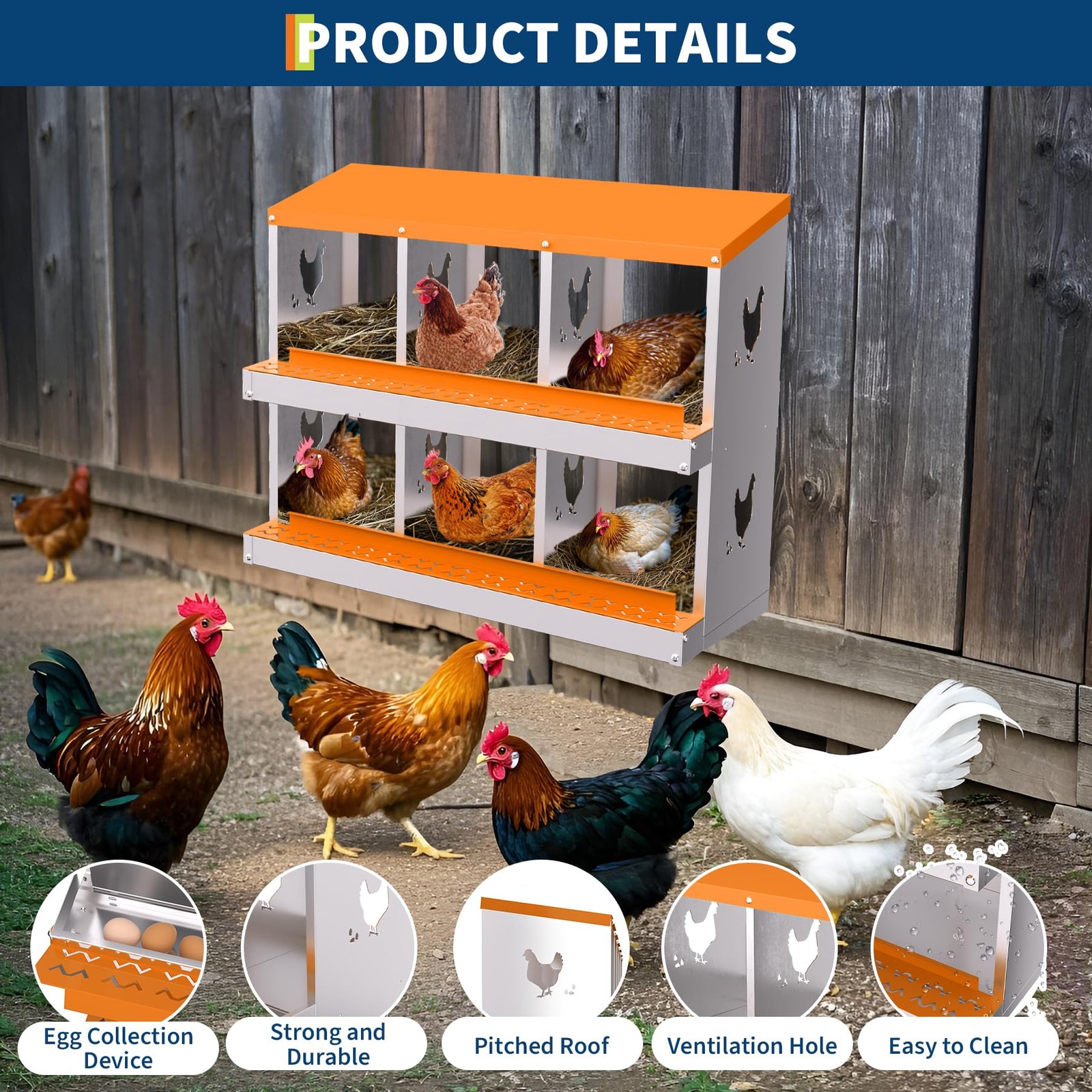 Peakpursuit Chicken Nesting 6 Compartment Galvanized Steel Chicken Laying Boxes