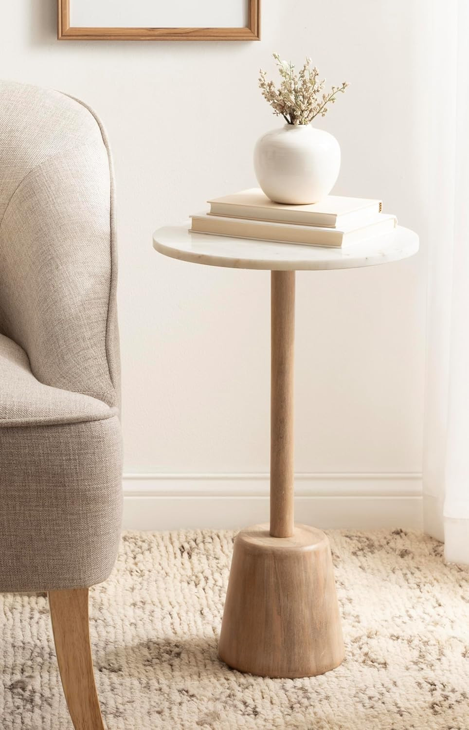 Elegant Round Marble Side Table – 14″ White & Natural Pedestal End Table