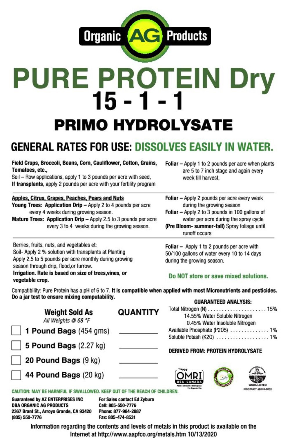 Pure Protein Dry 1-lb (15-1-1) Fish Fertilizer Organic Aminos Cod Fish Hydrolysa