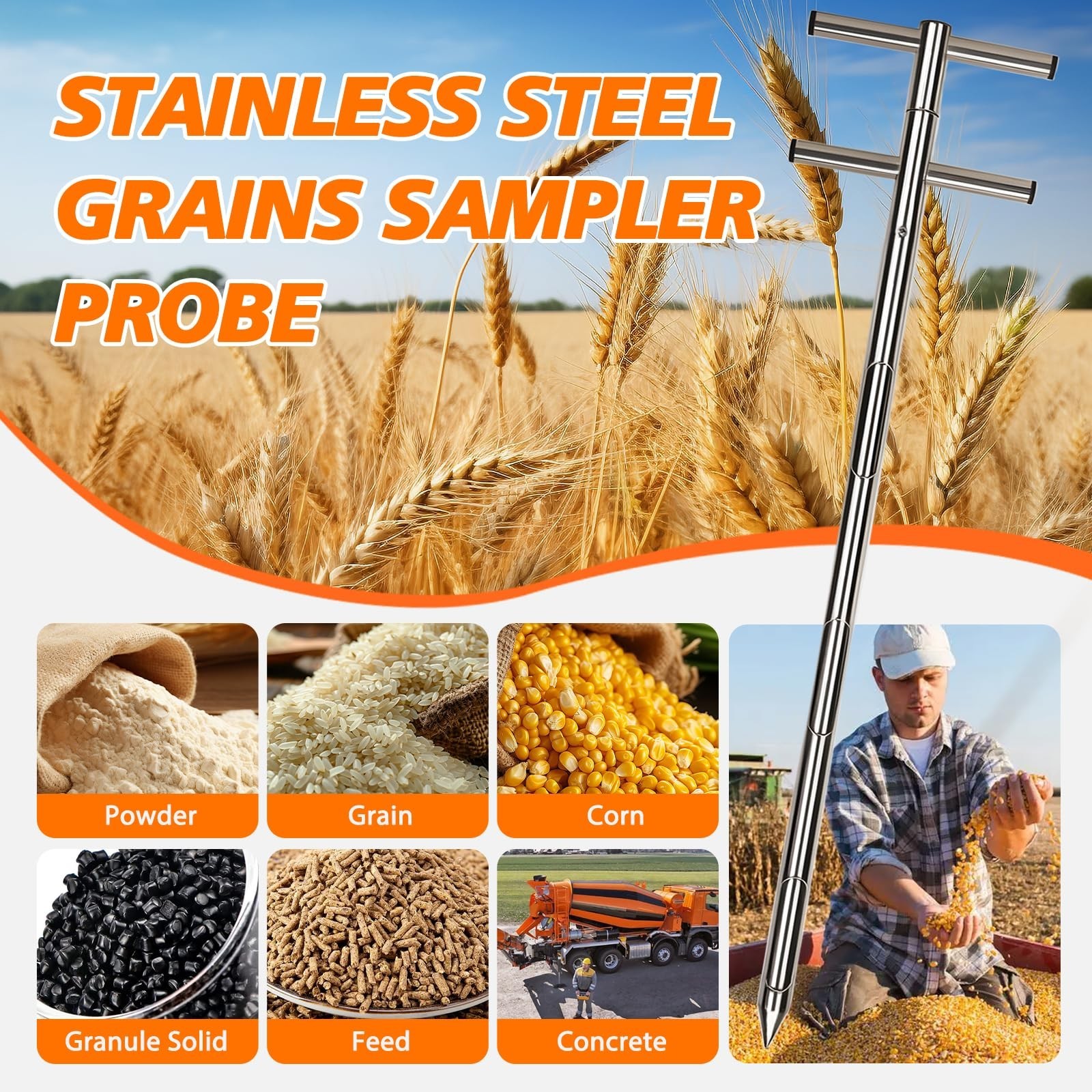 304 Stainless Steel Grain Probe Sampler – Double Tube, Rotary Slot, 39.5″ Portab