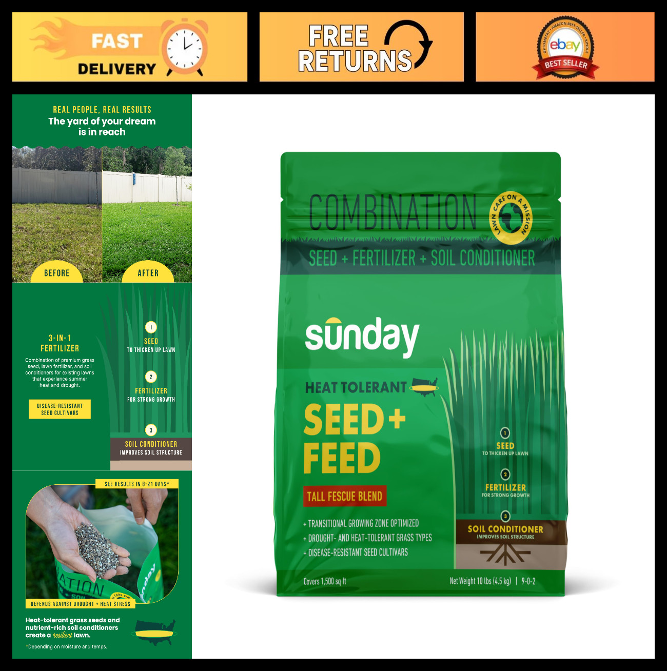 Heat Tolerant Grass Seed & Feed – 3-in-1 Fertilizer & Soil Conditioner – 10lbs,