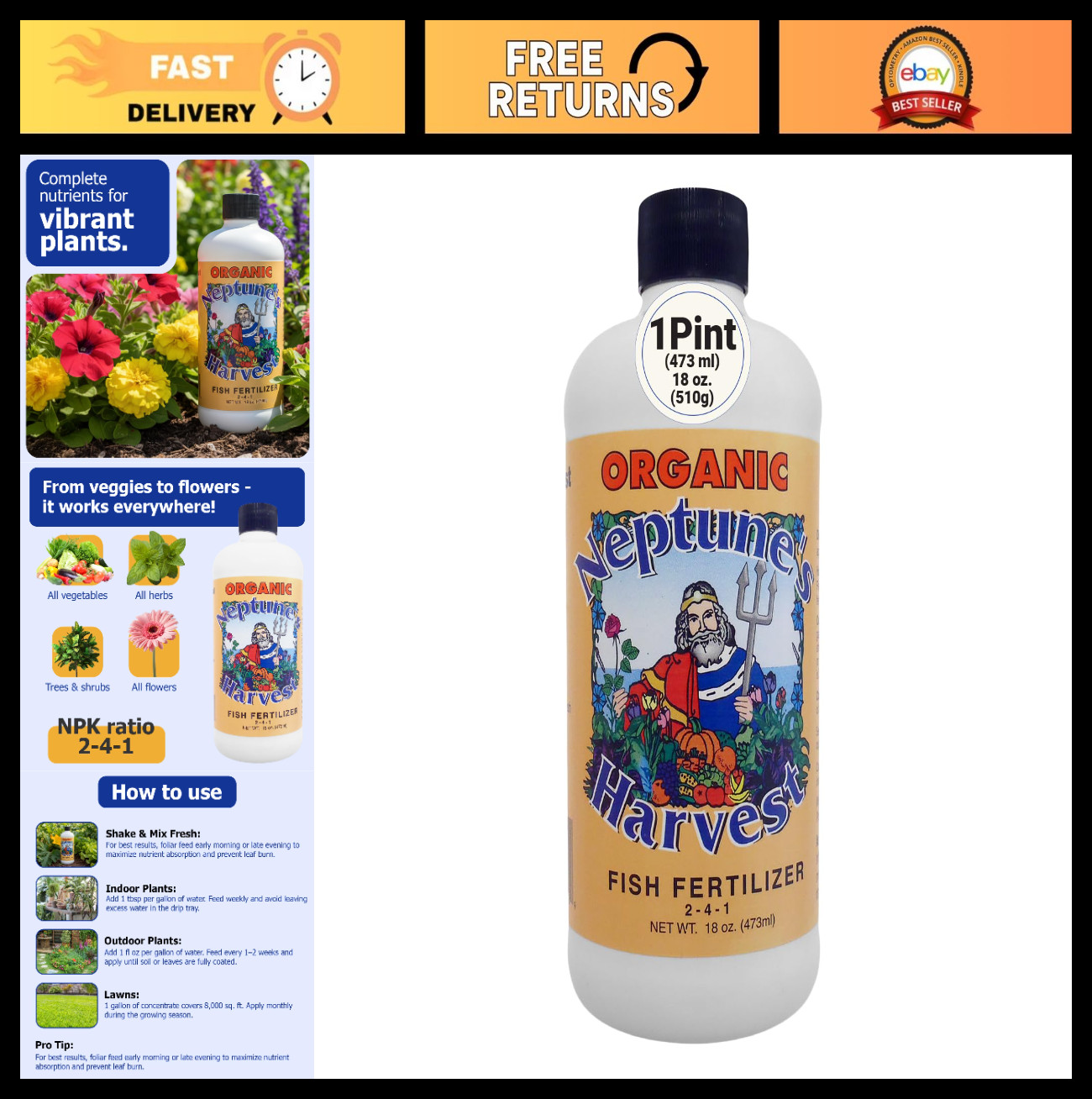 Organic Fish Fertilizer 2-4-1 – Liquid Plant Food for Vegetables, Flowers, Trees