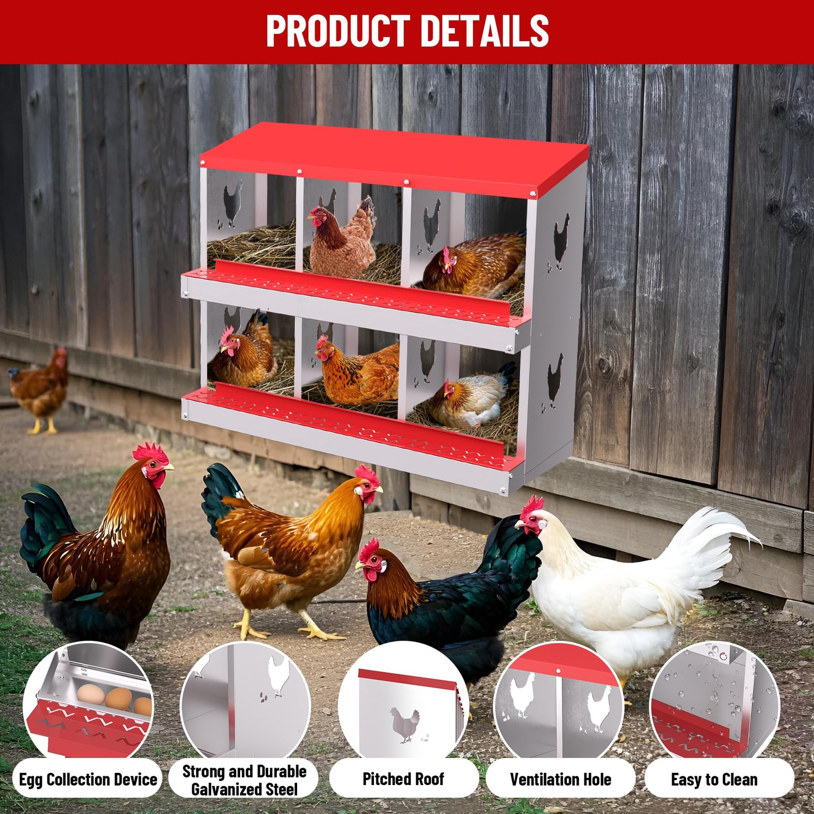 6 Compartment Metal Chicken Nesting Box Roll Out Egg Collection