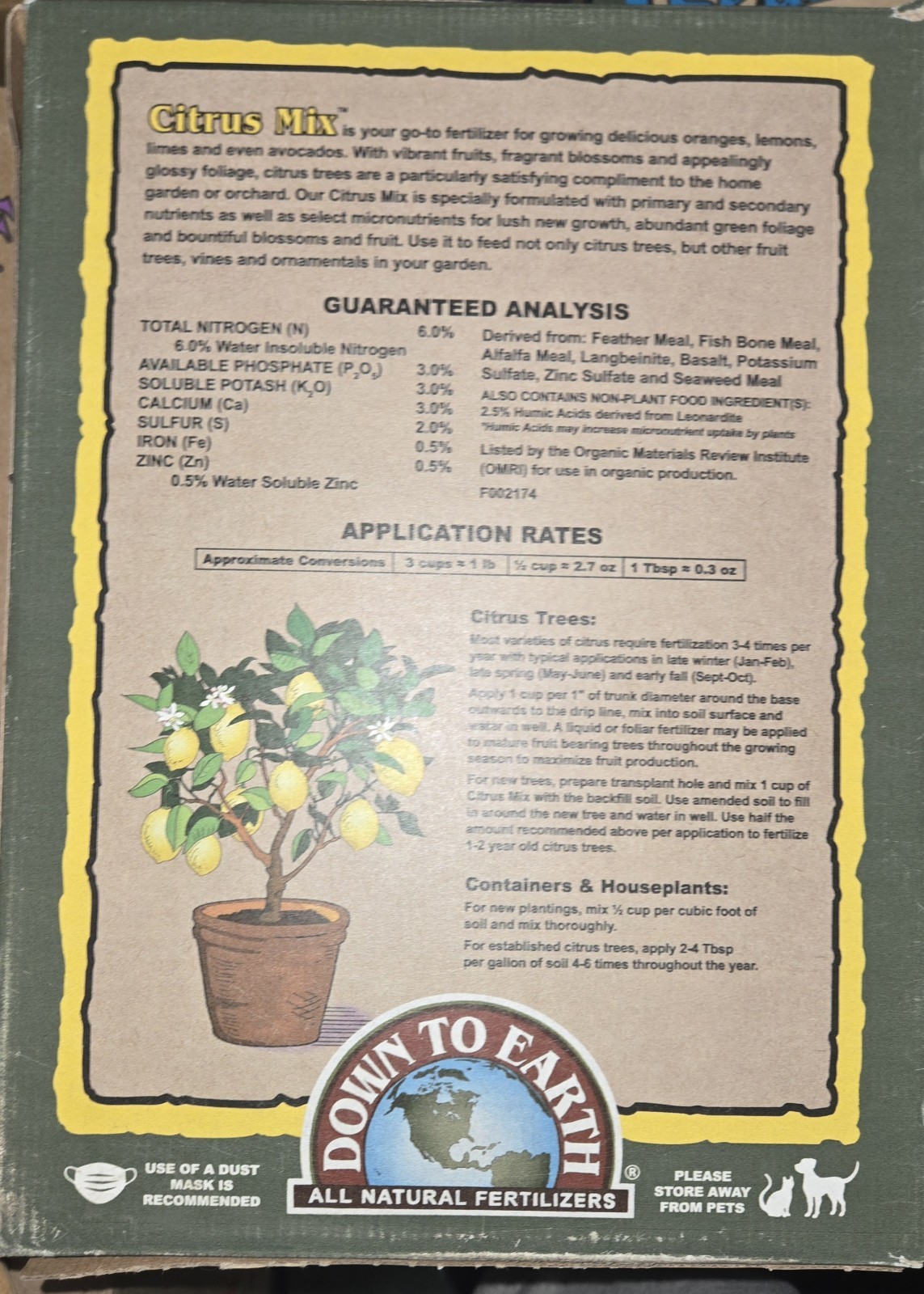 Down to Earth Organic Citrus Mix 6-3-3 Fertilizer for Citrus & Avocado 5 lb