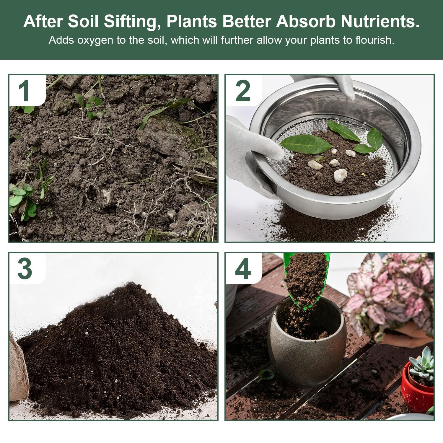 Soil Sifter Garden Sieve Stainless Steel Set, with 3 silver