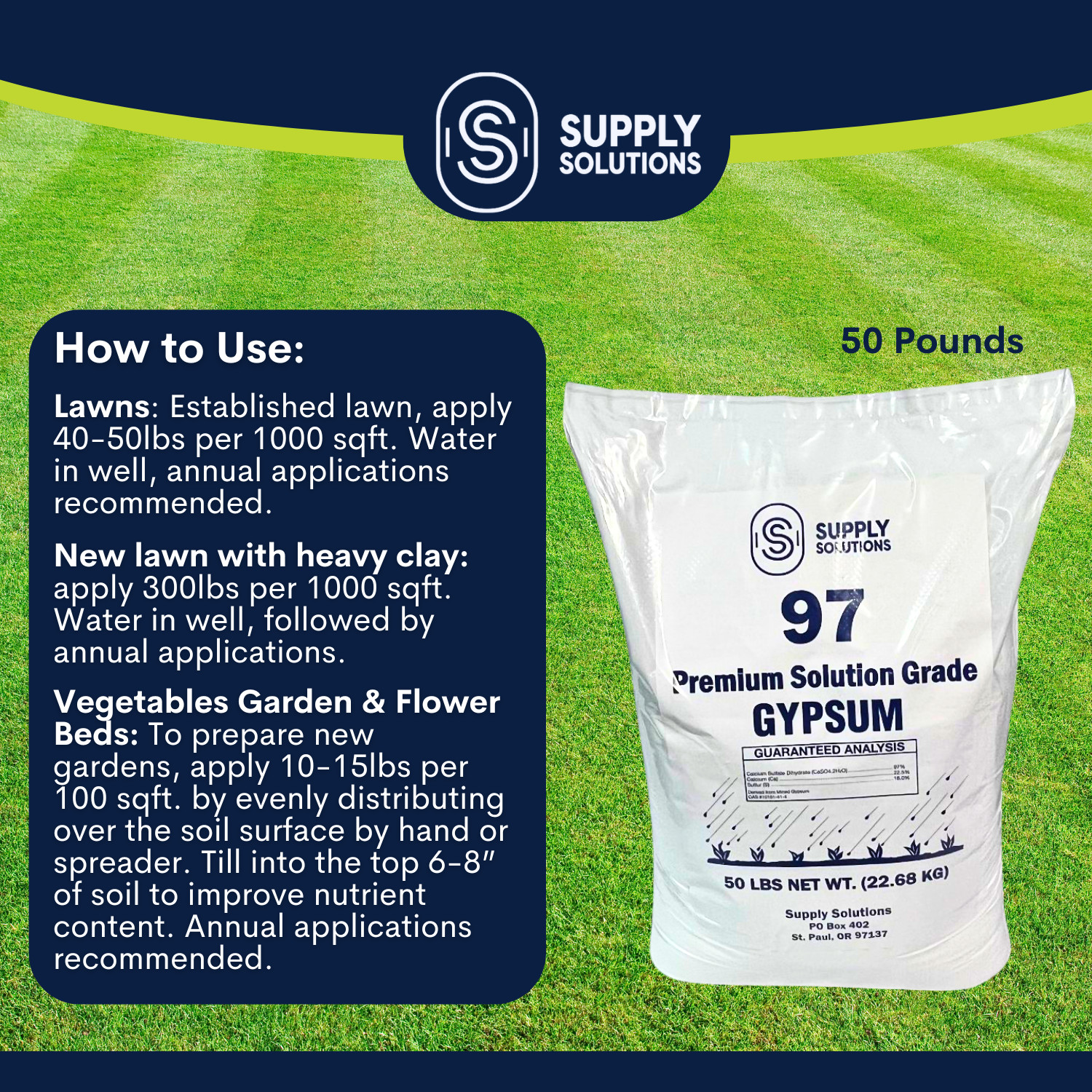 Premium 97 Solution Grade Gypsum – Organic Fast Acting Gypsum for Soil – 50 Lbs