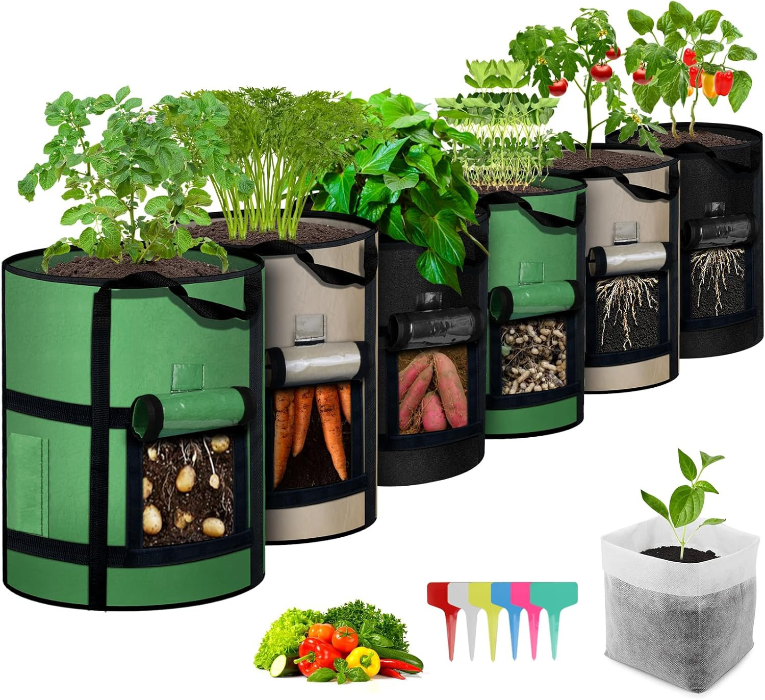 6 Pack 10 Gallon Potato Grow Bags with Window Heavy Duty Fabric Planters