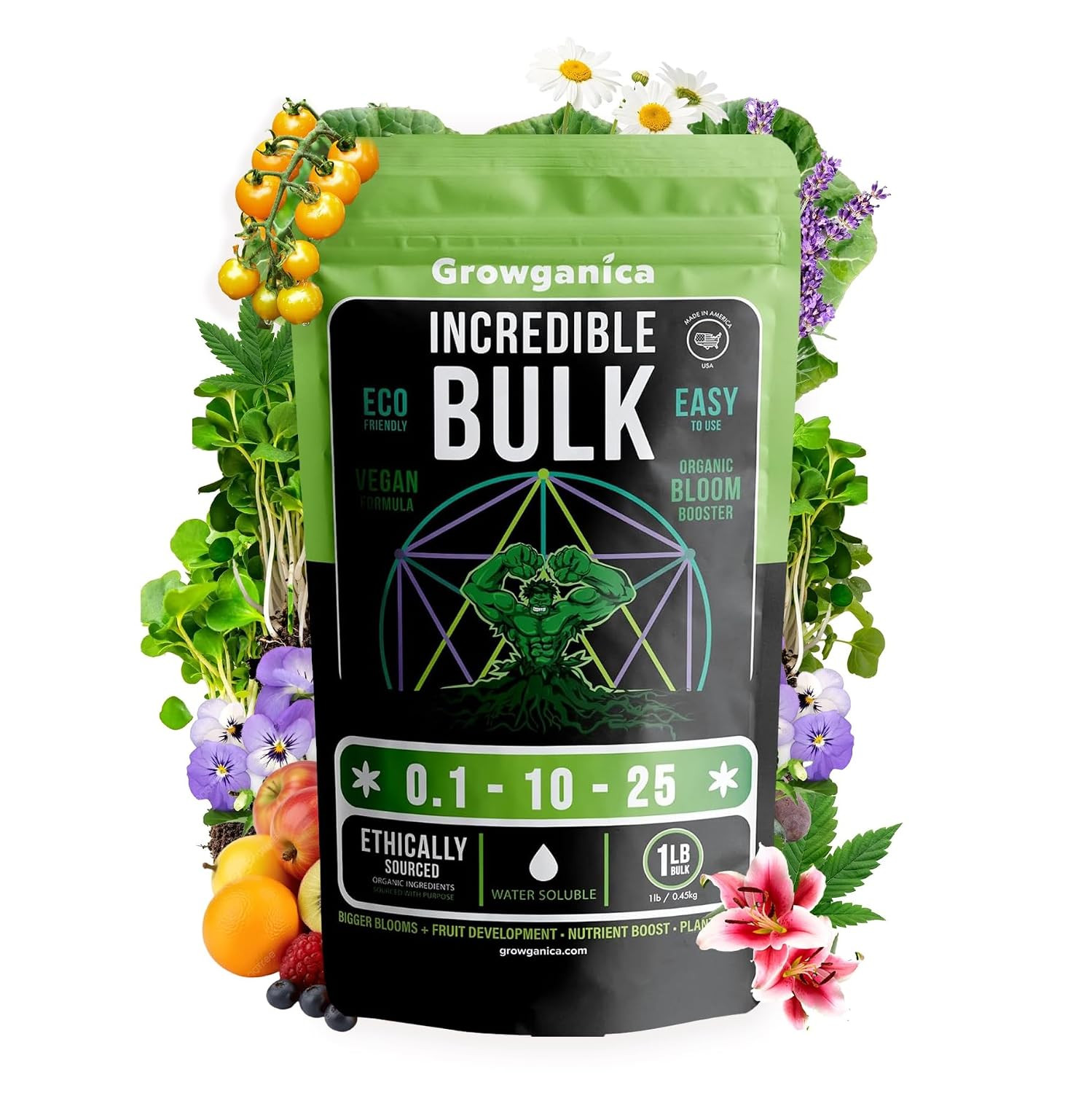 Organic Bloom Booster, Incredible Bulk 0.1-10-25. Organic Vegan Plant Food (1Lb)