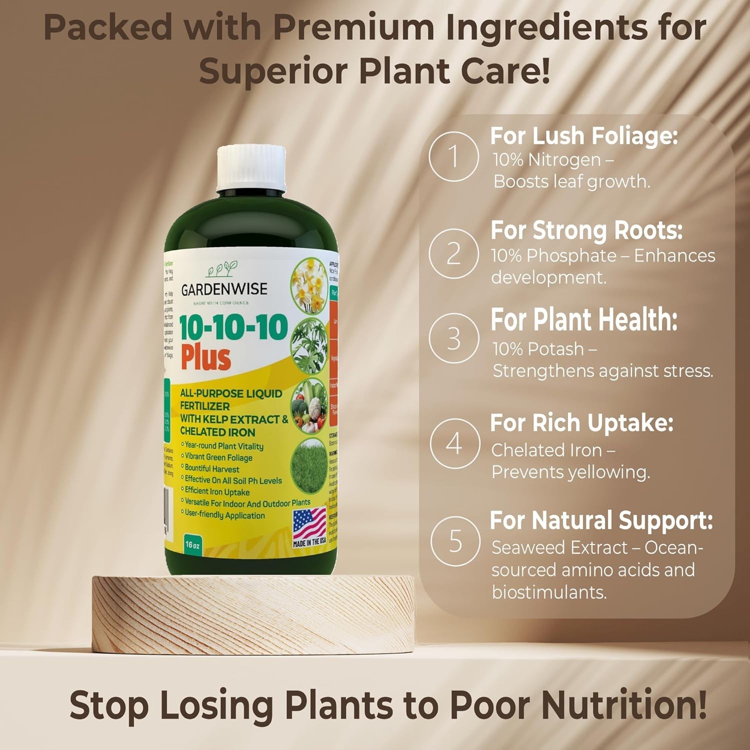 Versatile 10-10-10 Liquid Fertilizer with 6% Iron – Indoor & Outdoor Use, 32 Oz