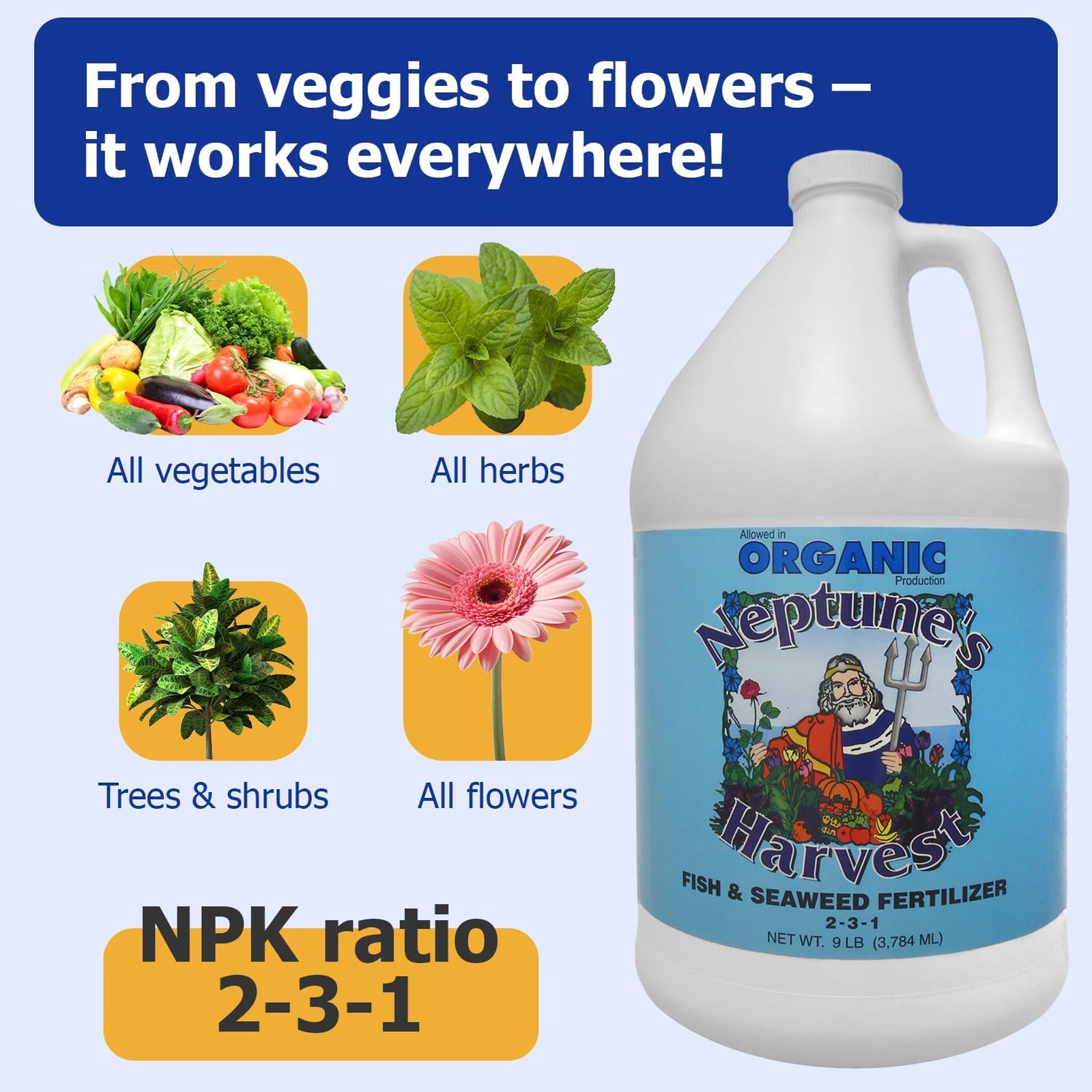 Fish and Seaweed Organic Liquid Fertilizer 2-3-1 1 Gallon Plant Food for Gardens
