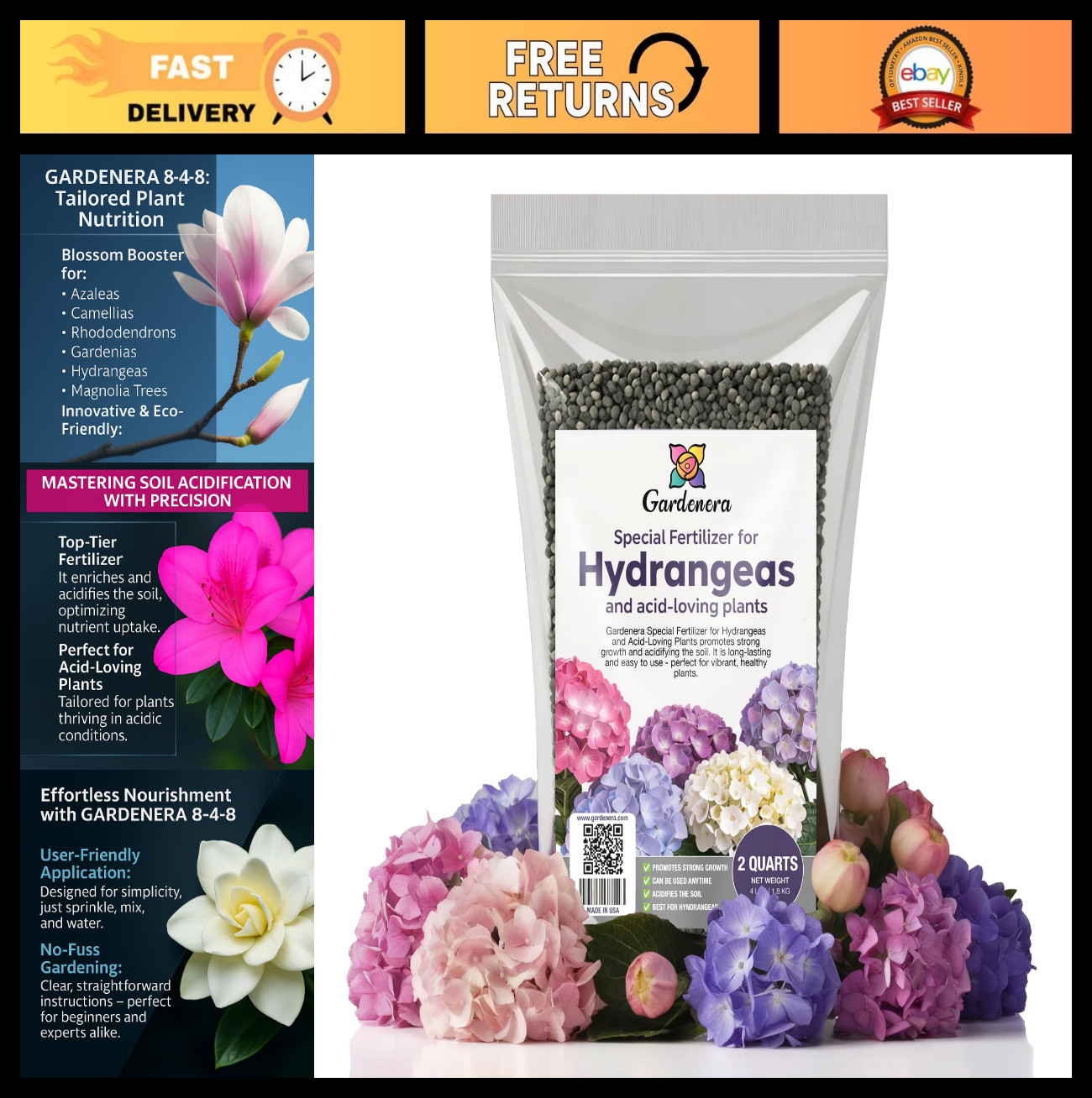Premium 8-4-8 Acidic Fertilizer for Hydrangeas – Iron & Sulfur Soil Acidifier –
