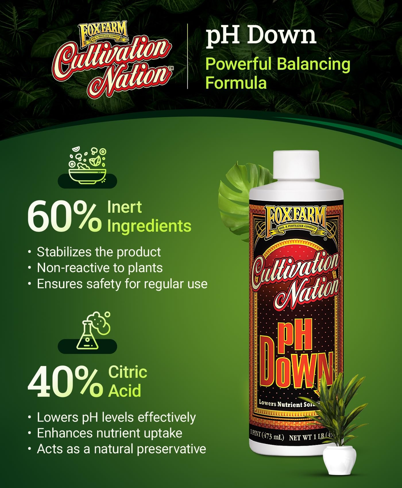 Cultivation Nation pH Down Fertilizer 1 Pint for Plant Growth pH 5.6 to 6.8