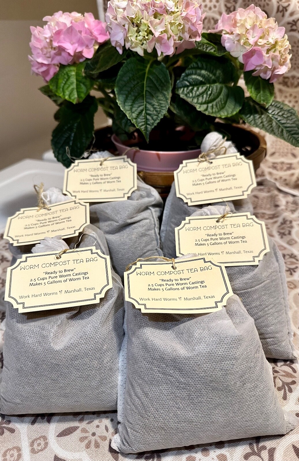 Worm Compost Tea Bags, 2.5-cups, 1/3/6 bags, “Ready to Brew”, Natural Fertilizer