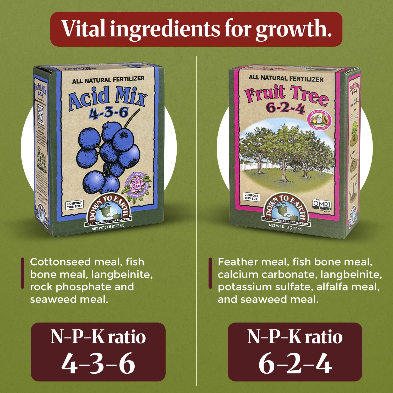 Down to Earth Organic Acid Mix 4-3-6 & Fruit Tree Fertilizer 6-2-4 Bundle | Nou