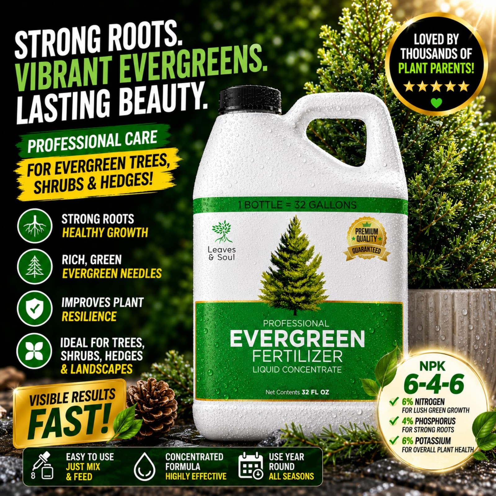 Leaves and Soul Evergreen Tree Fertilizer 32 oz, Professional Liquid Evergree…