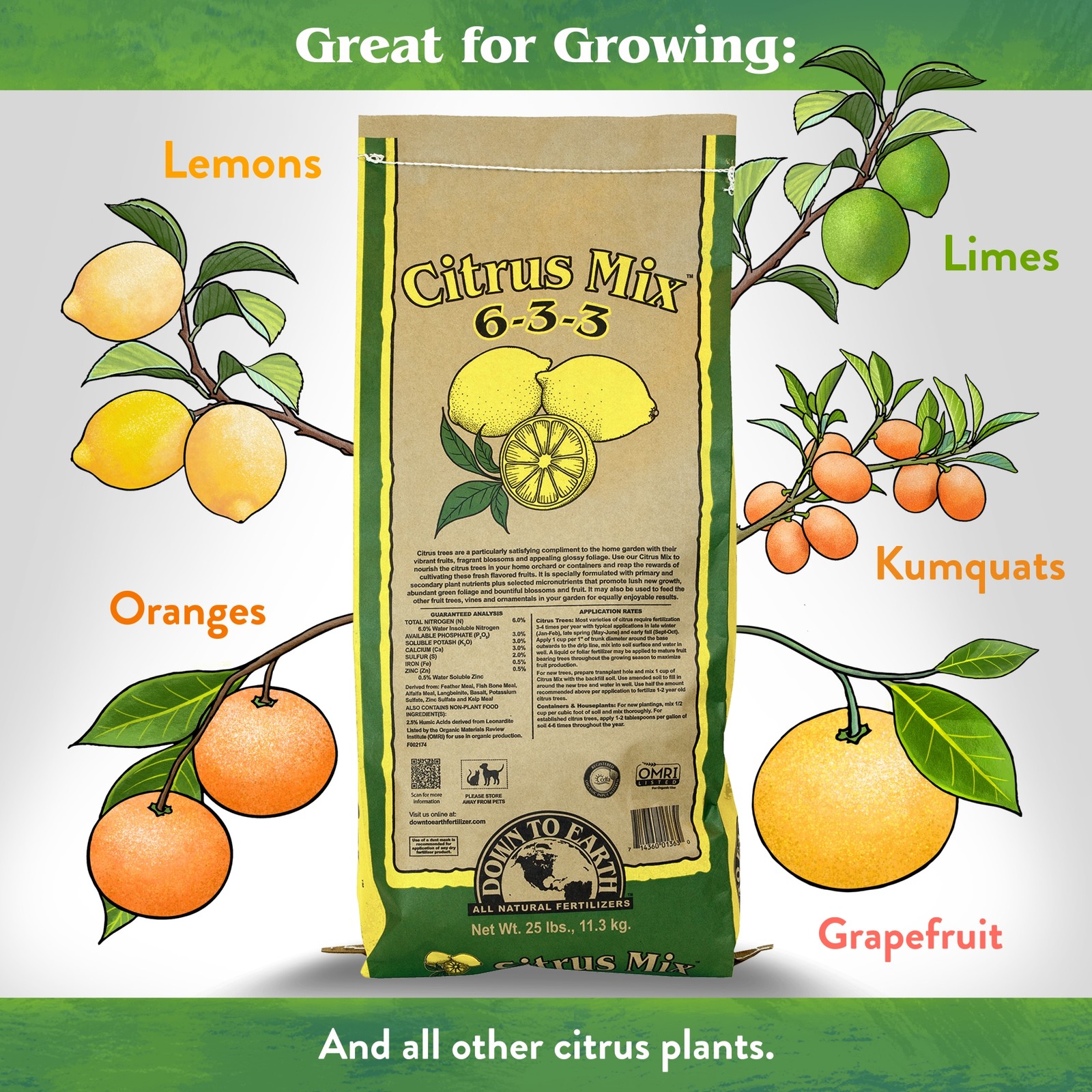 Down To Earth Organic Citrus Fertilizer Mix 6-3-3, 25 lbs.