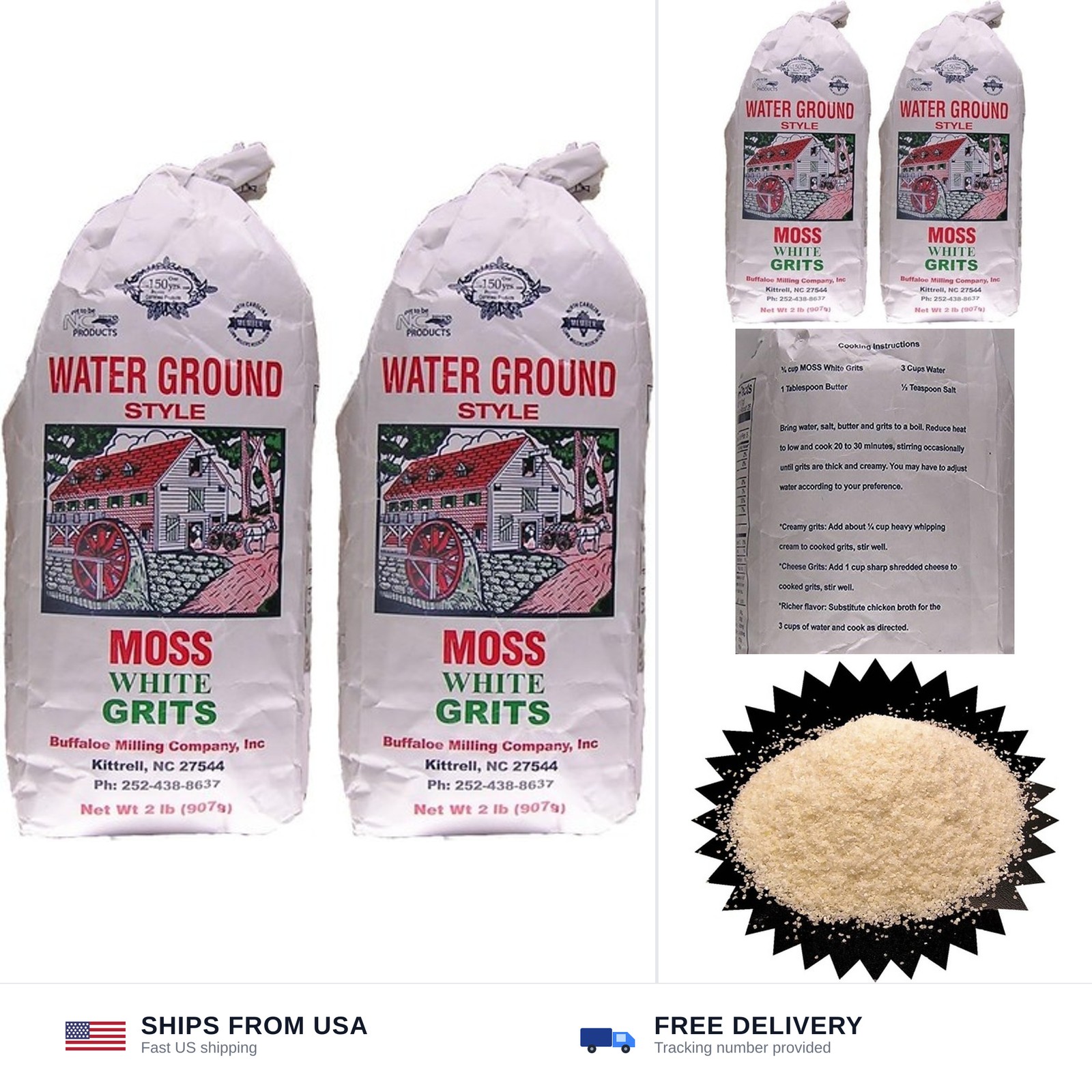Moss Water Ground White Corn Grits 2 Lbs (Pack of 2)